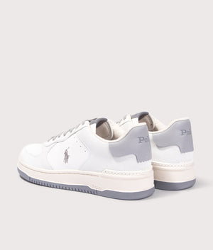 Polo Ralph Lauren Masters Court Leather Suede Trainers in Masters Court Leather Suede Trainers in Deckwash White/Grey. Back side angle shot at EQVVS.