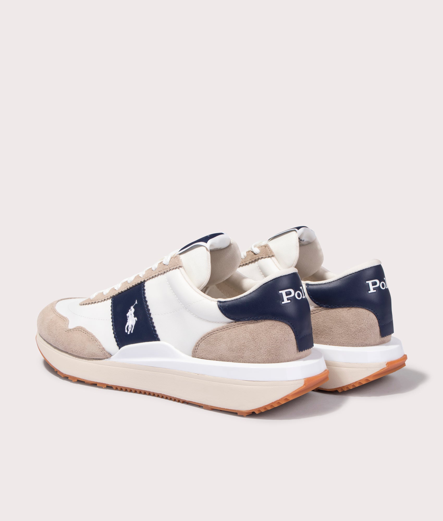 Polo Ralph Lauren Train 89 Suede Panelled Low Top Sneakers for Men in Milkshake beige and Navy blue at EQVVS Back Shot