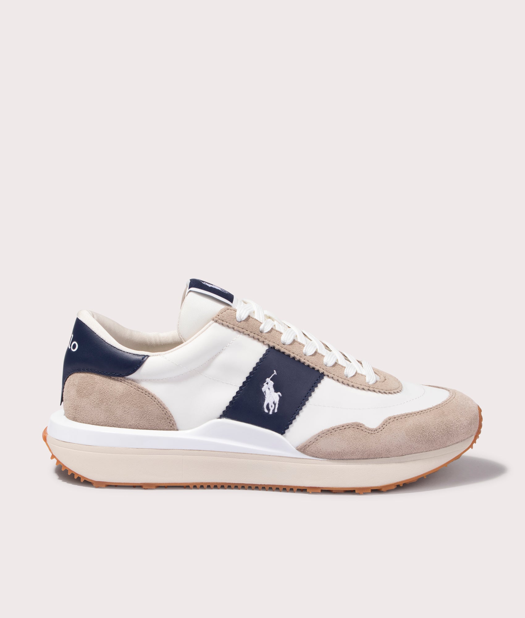 Polo Ralph Lauren Train 89 Suede Panelled Low Top Sneakers for Men in Milkshake beige and Navy blue at EQVVS Side Shot