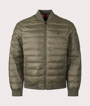 The Colden Packable Bomber Jacket in Canopy Olive from Polo Ralph Lauren. Front angle shot at EQVVS.