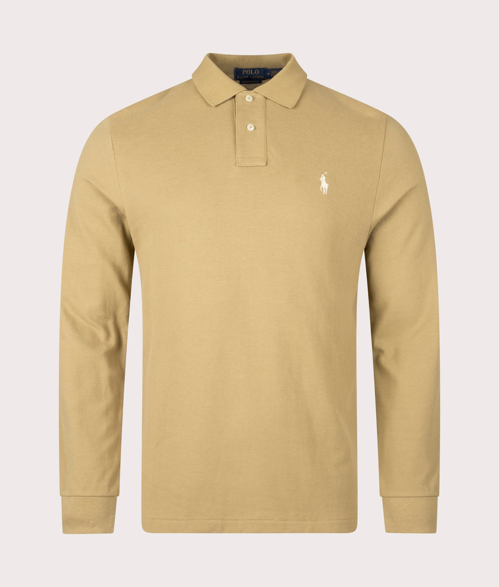 Custom Slim Fit Long Sleeve Polo Shirt by Polo Ralph Lauren in Café Tan . Shot by EQVVS. Front shot.