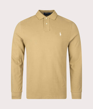 Custom Slim Fit Long Sleeve Polo Shirt by Polo Ralph Lauren in Café Tan . Shot by EQVVS. Front shot.