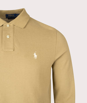 Custom Slim Fit Long Sleeve Polo Shirt by Polo Ralph Lauren in Café Tan . Shot by EQVVS. Detail shot.