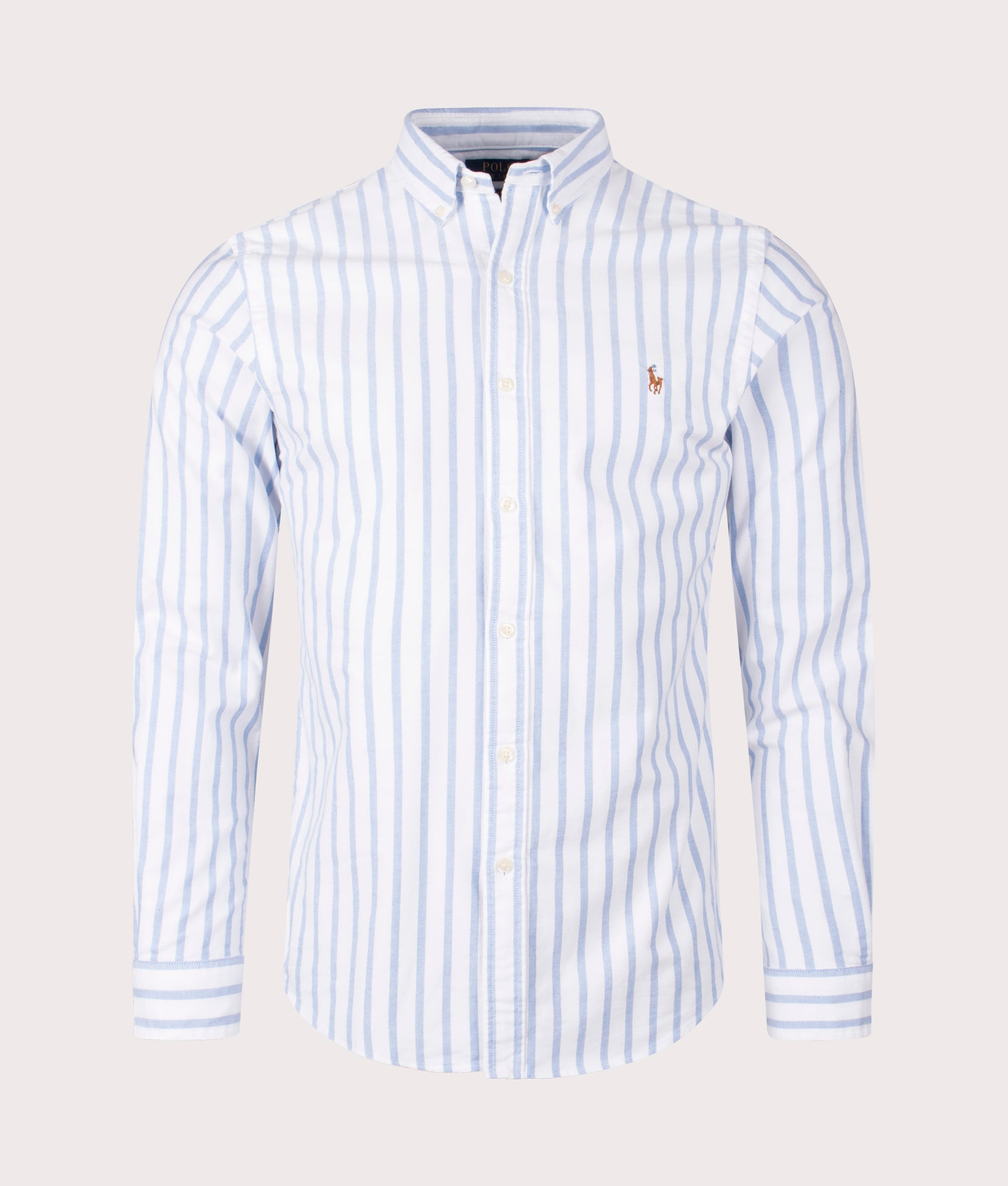 Polo Ralph Lauren Slim Fit Striped Oxford Shirt in White Blue. Front angle shot at EQVVS.