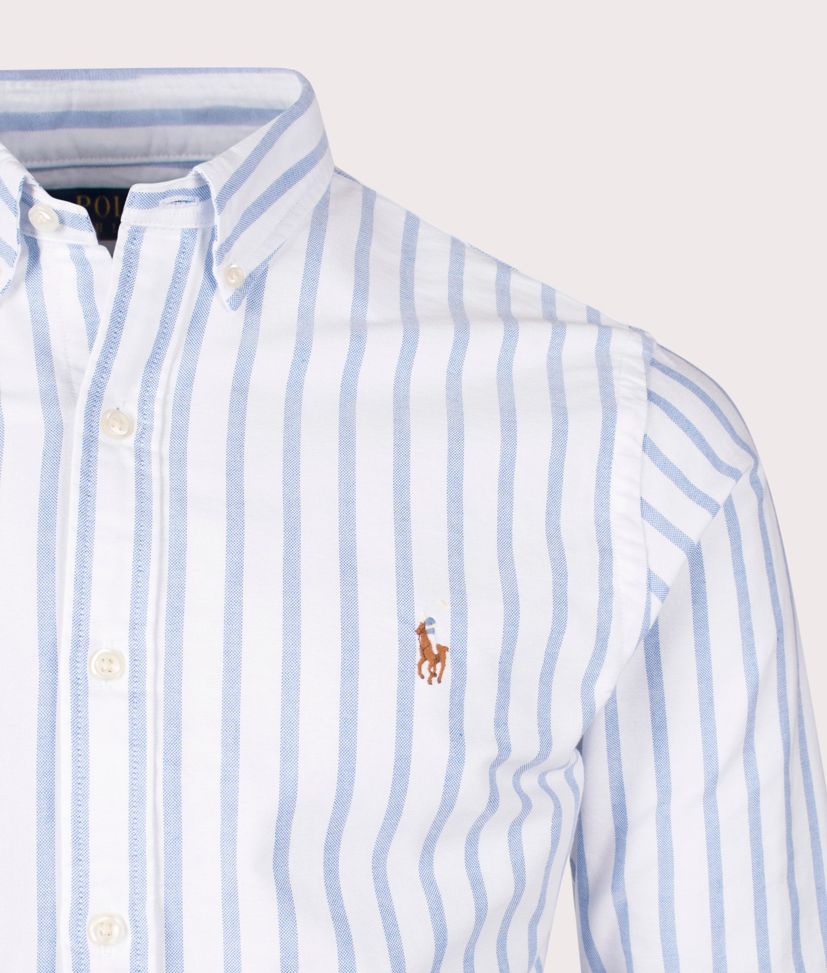 Polo Ralph Lauren Slim Fit Striped Oxford Shirt in White Blue. Detail angle shot at EQVVS.
