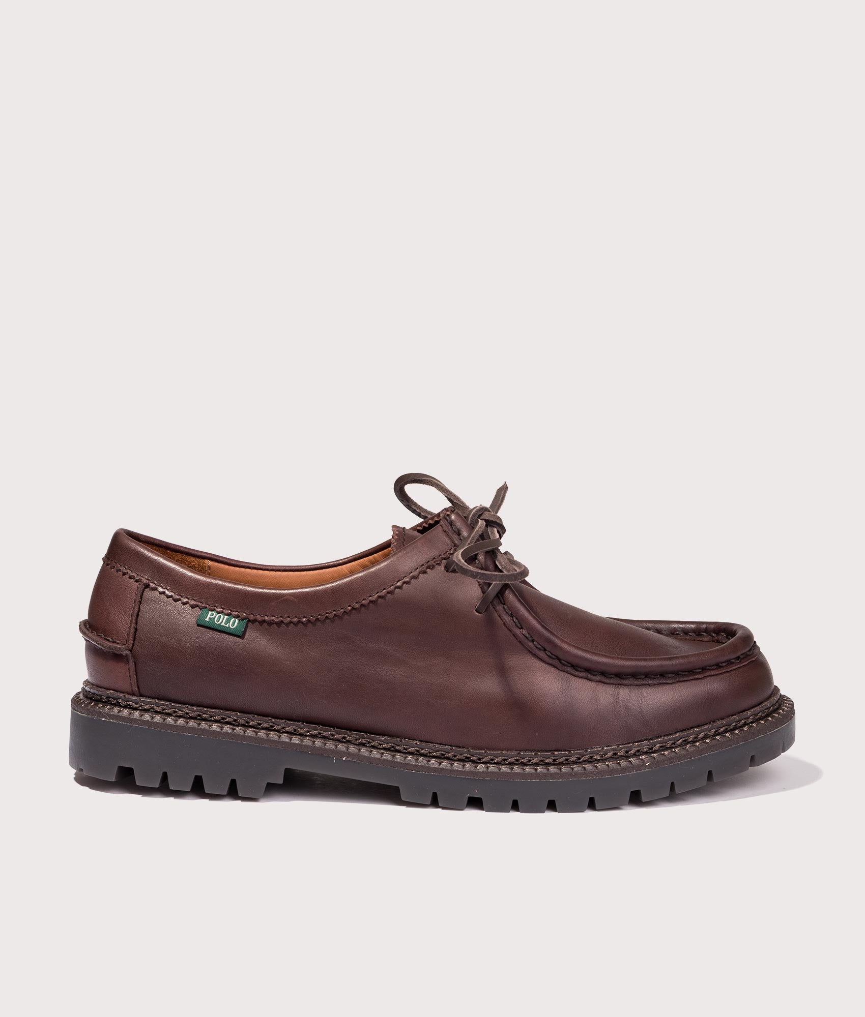 Polo Ralph Lauren Jett Lug-Sole Leather Moc-Toe Shoes in dark brown at EQVVS  Menswear. Side shot.