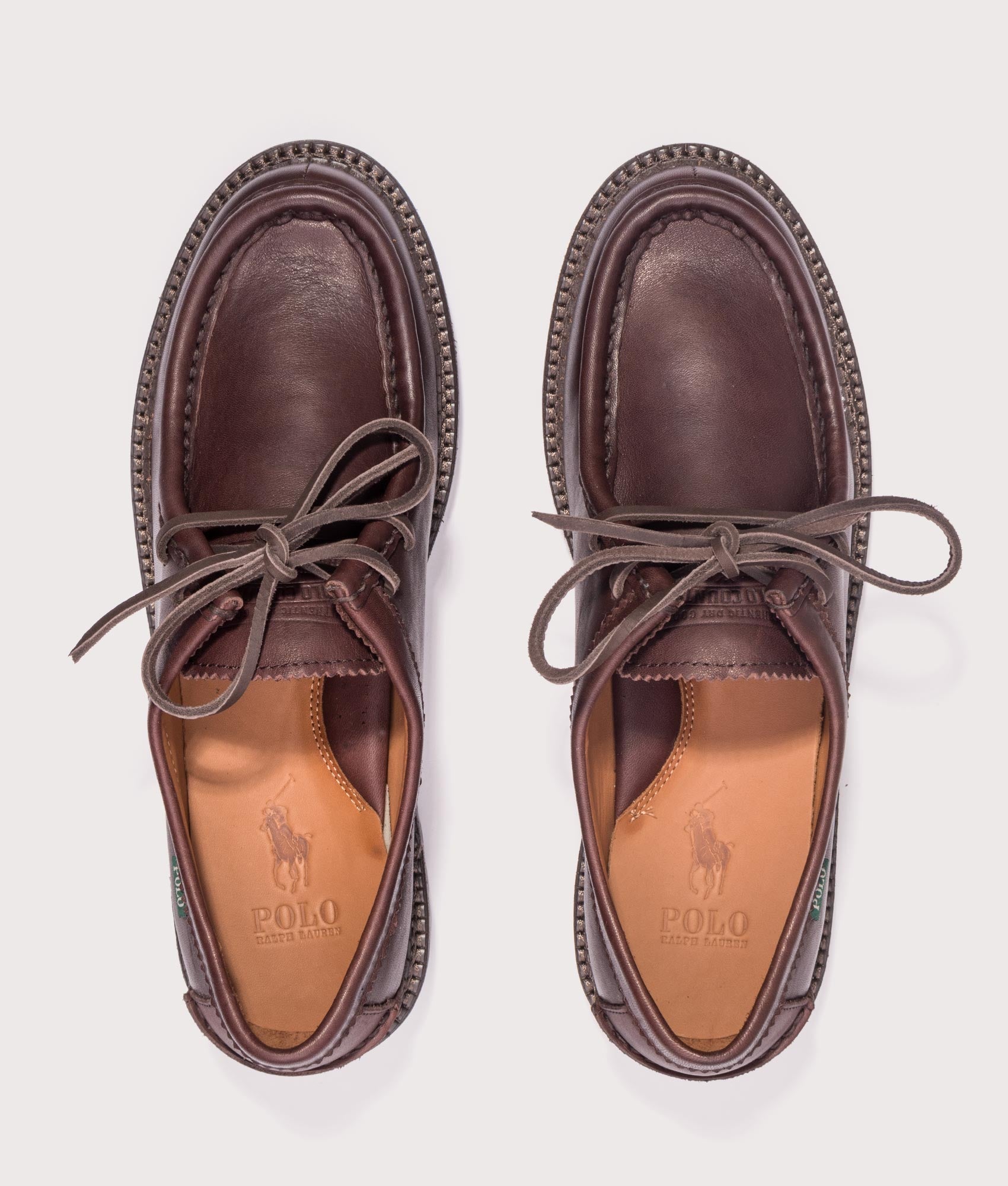 Polo Ralph Lauren Jett Lug-Sole Leather Moc-Toe Shoes in dark brown at EQVVS  Menswear. Top shot.