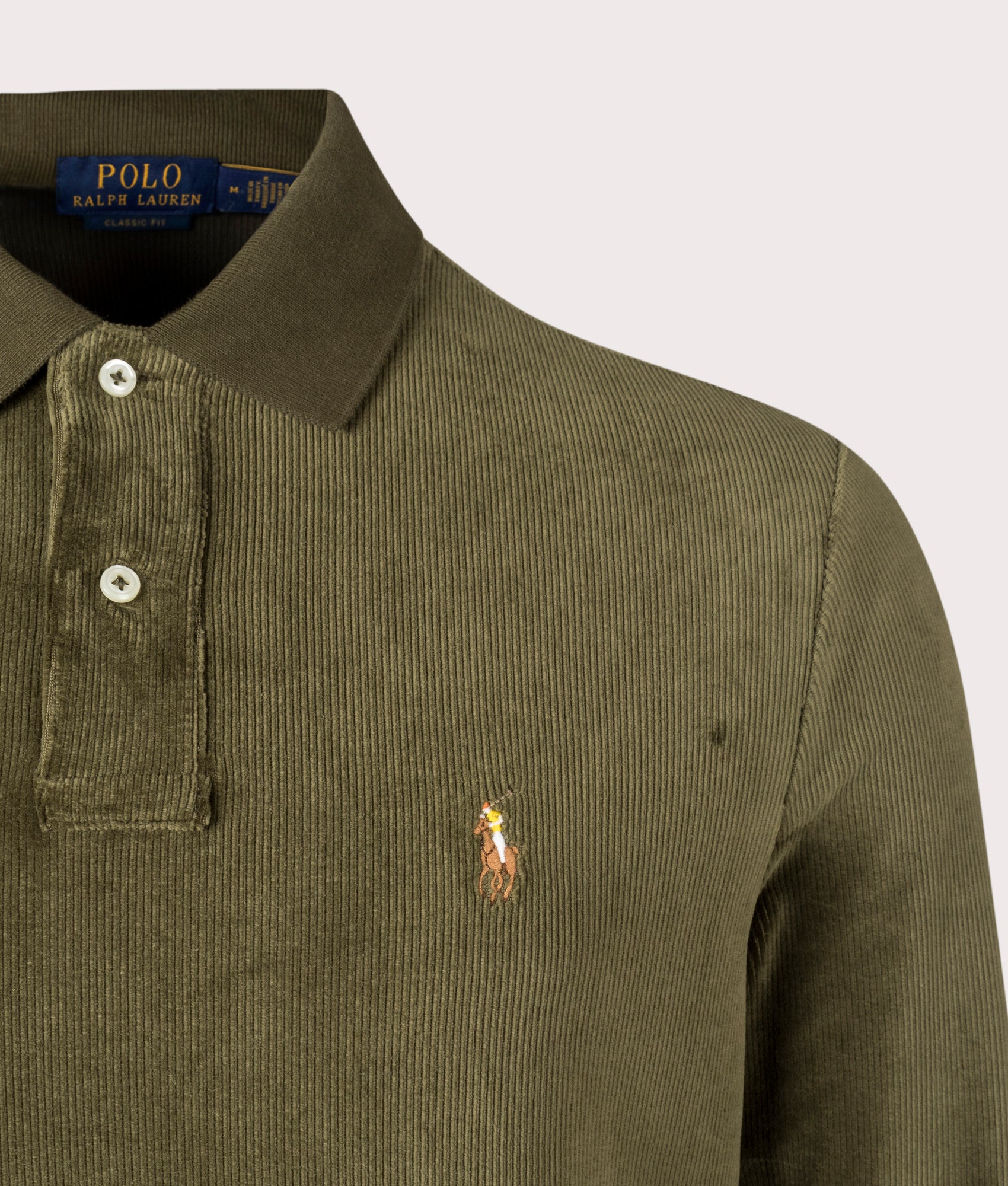 Corduroy Polo Shirt Polo Ralph Lauren, Dark Loden. Shot at EQVVS. Detail image. 