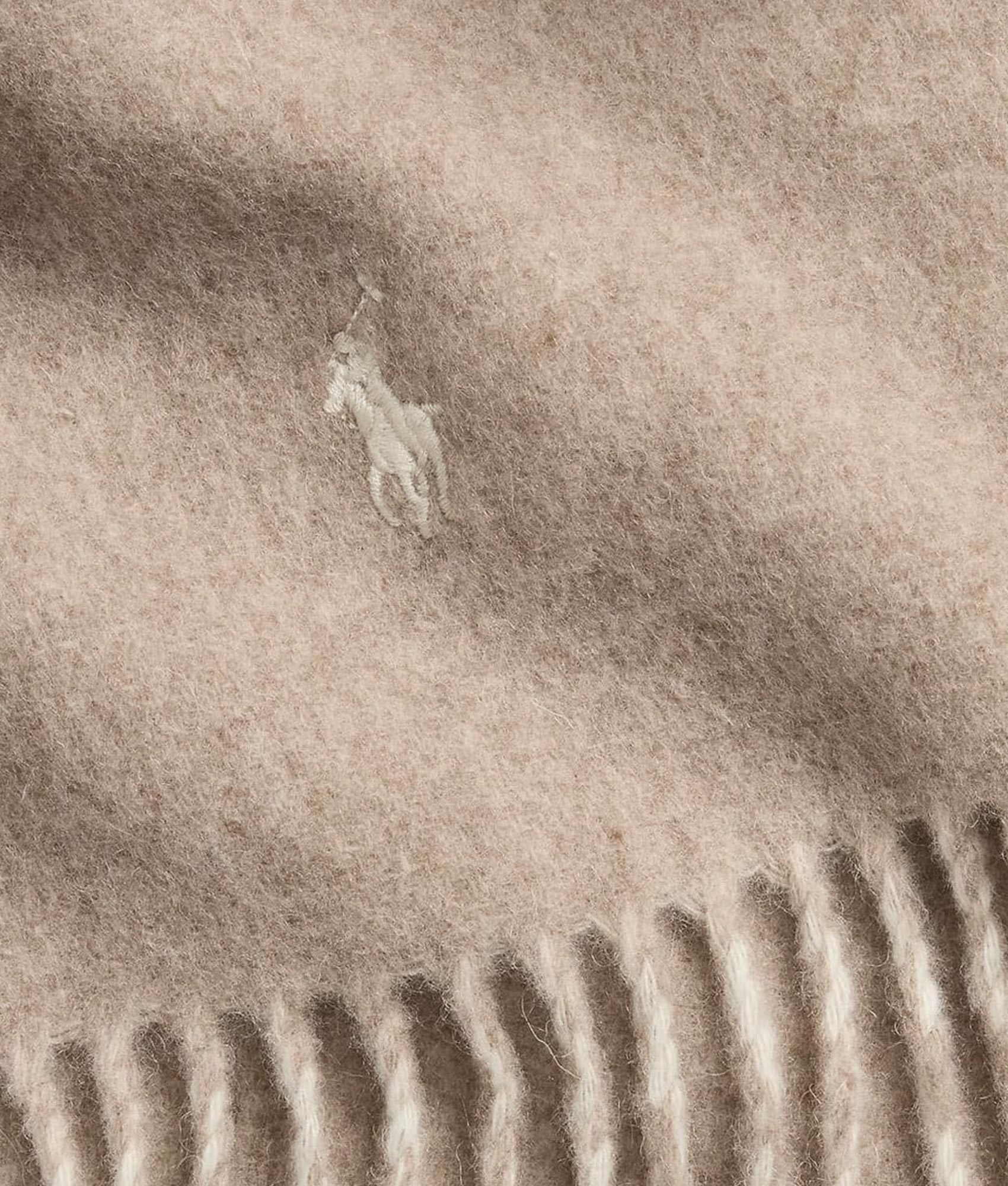 Polo Ralph Lauren Reversible Wool-blend Scarf in Taupe and Winter Cream at EQVVS Menswear. Detail shot.
