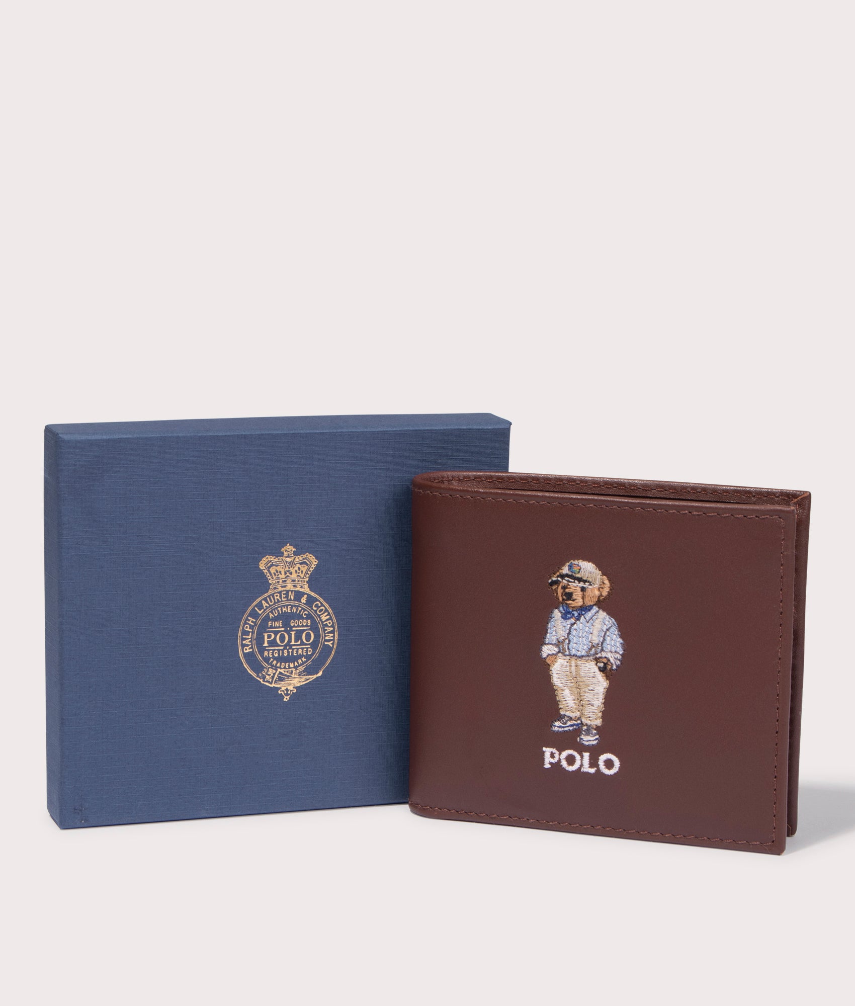 Polo Ralph Lauren Polo Bear Leather Billfold Wallet in Chestnut Brown. Box Shot at EQVVS