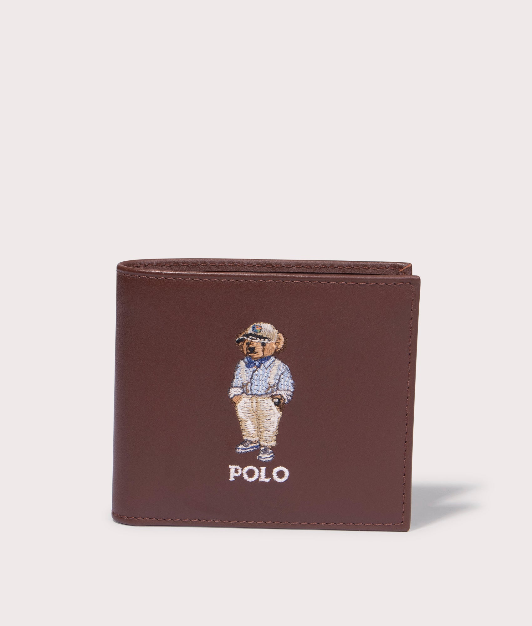 Polo Ralph Lauren Polo Bear Leather Billfold Wallet in Chestnut Brown. Front Shot at EQVVS