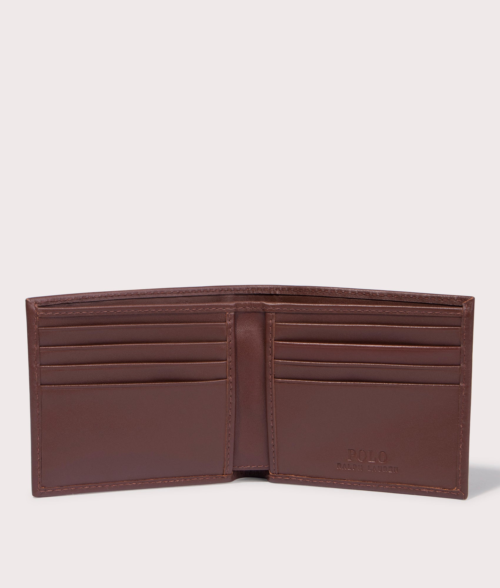 Polo Ralph Lauren Polo Bear Leather Billfold Wallet in Chestnut Brown. Open Shot at EQVVS
