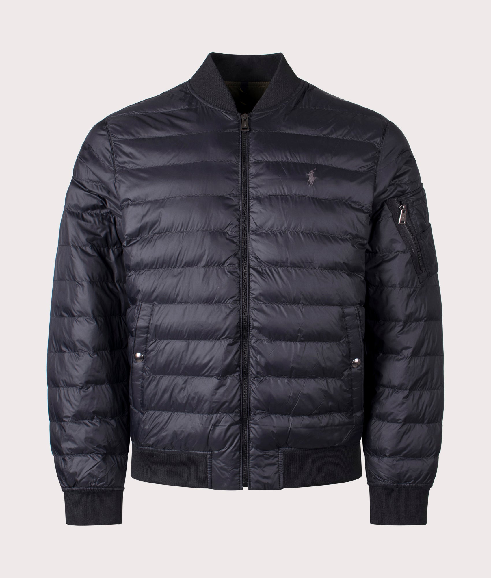 The Colden Packable Bomber Jacket in Polo Black from Polo Ralph Lauren. Front angle shot at EQVVS.