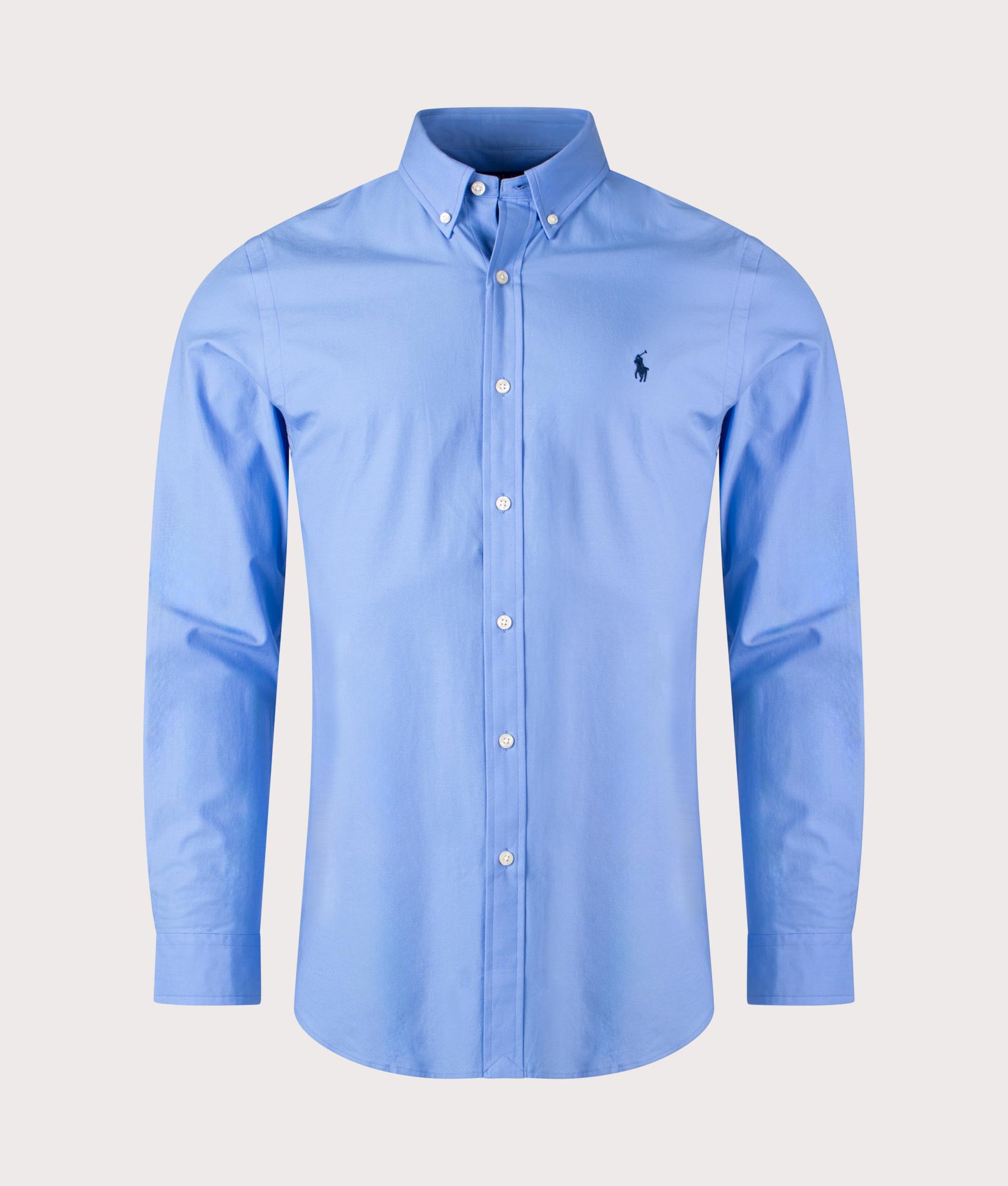 Polo Ralph Lauren Slim Fit Stretch Poplin Shirt in Harbour Island Blue at EQVVS. Front Shot.