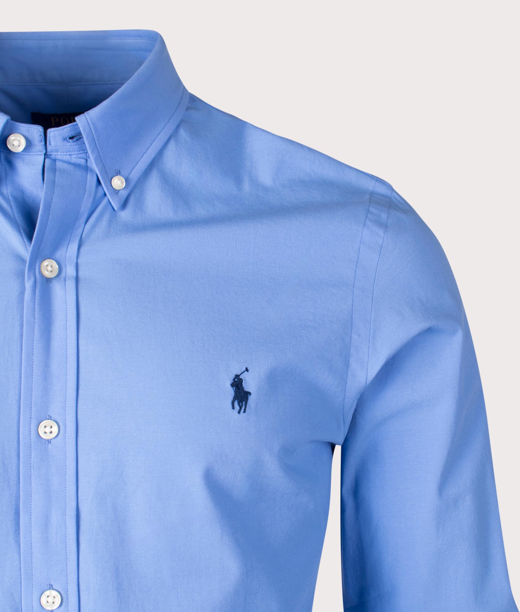 Polo Ralph Lauren Slim Fit Stretch Poplin Shirt in Harbour Island Blue at EQVVS. Detail Shot.