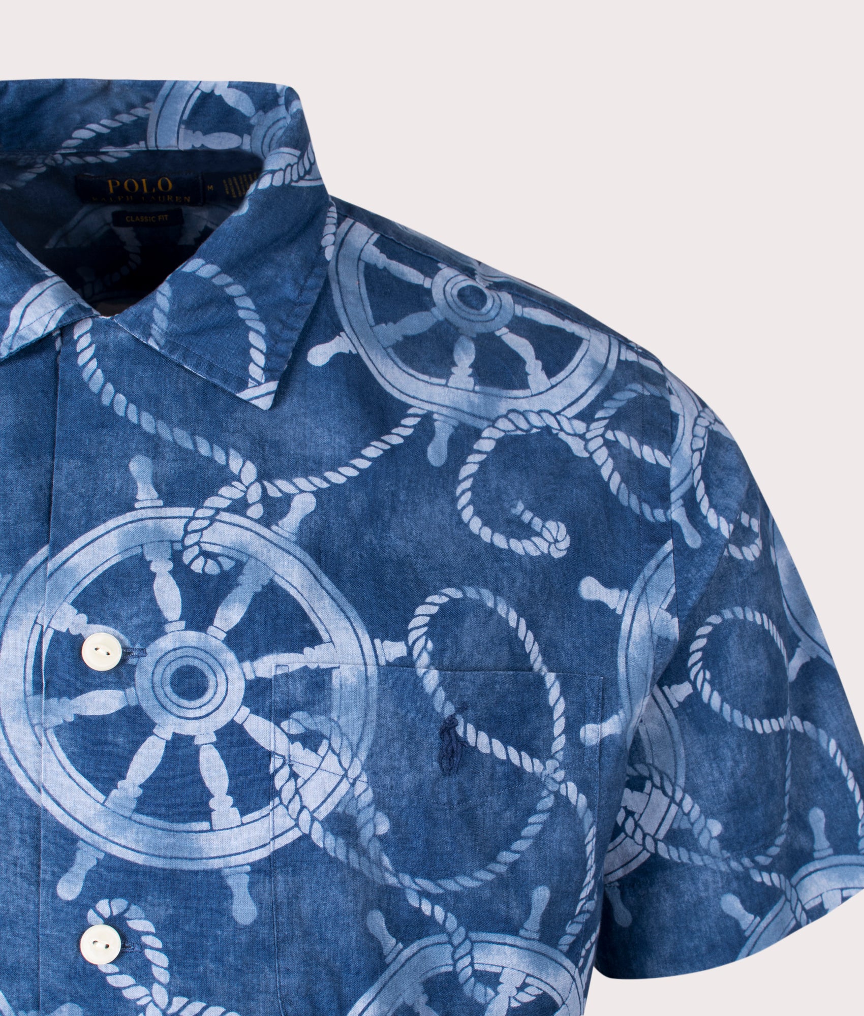 Polo Ralph lauren Classic Fit Cotton-Linen Camp Shirt in Ropes & Ship Wheel. Detail angle shot at EQVVS.