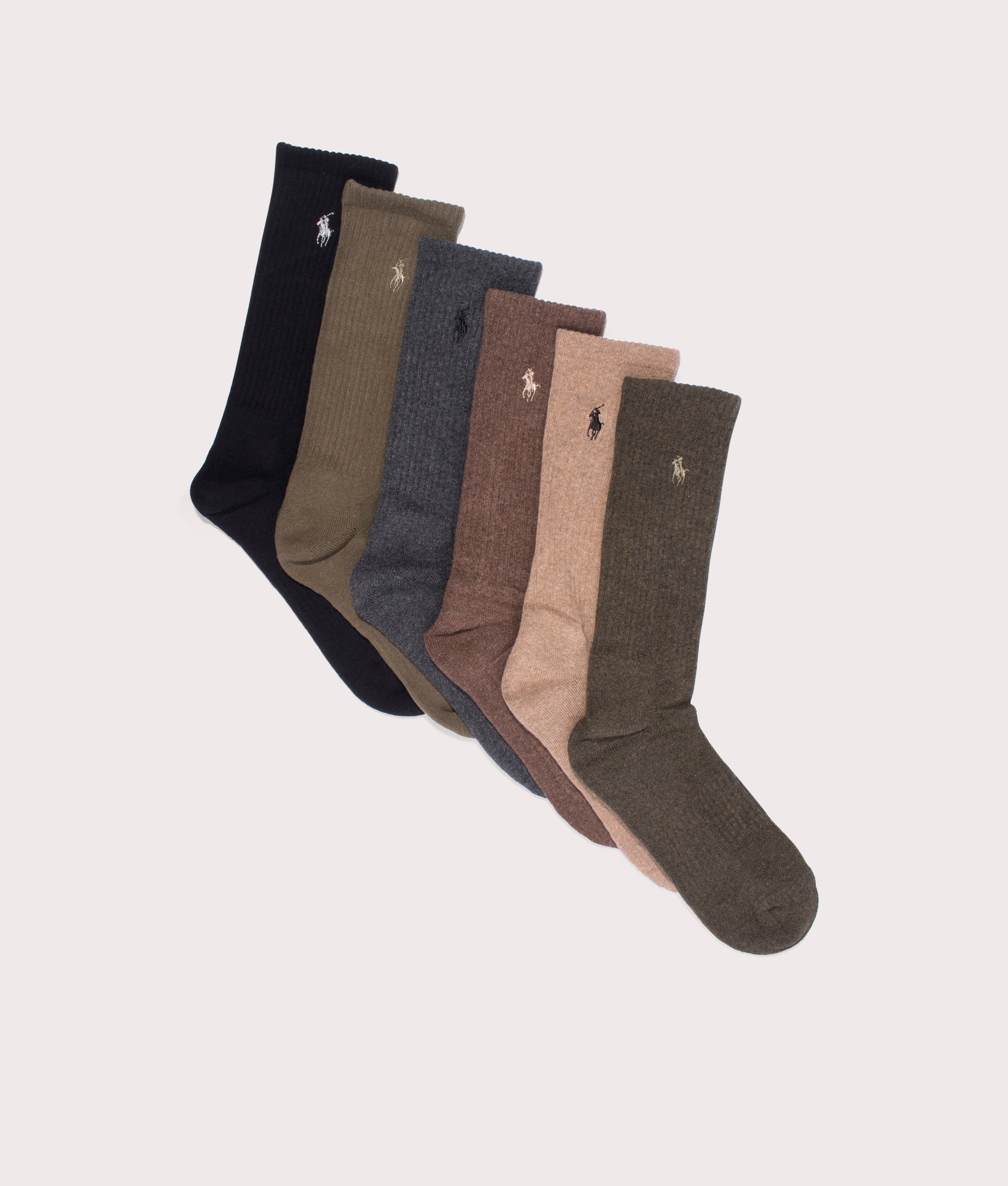 Polo Ralph Lauren Cotton Blend Crew Sock 6-Pack in Assorted Brown, Cotton Blend. At EQVVS Menswear. Side detail shot
