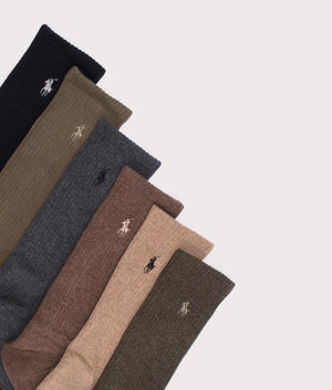 Polo Ralph Lauren Cotton Blend Crew Sock 6-Pack in Assorted Brown, Cotton Blend. At EQVVS Menswear. Logo shot
