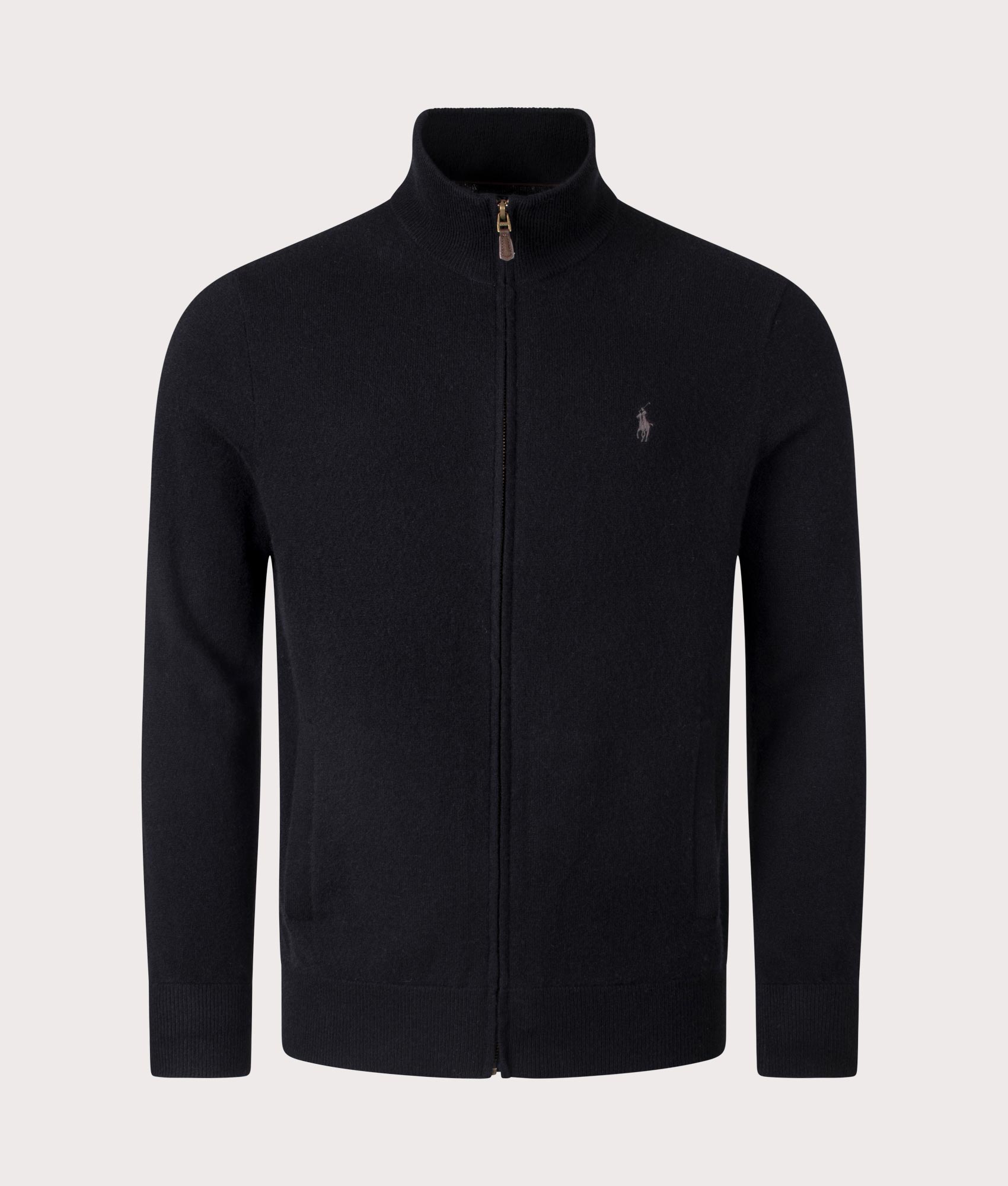 Wool Zip Through Sweatshirt in Polo Black by Polo Ralph Lauren at EQVVS. Front Angle Shot. 