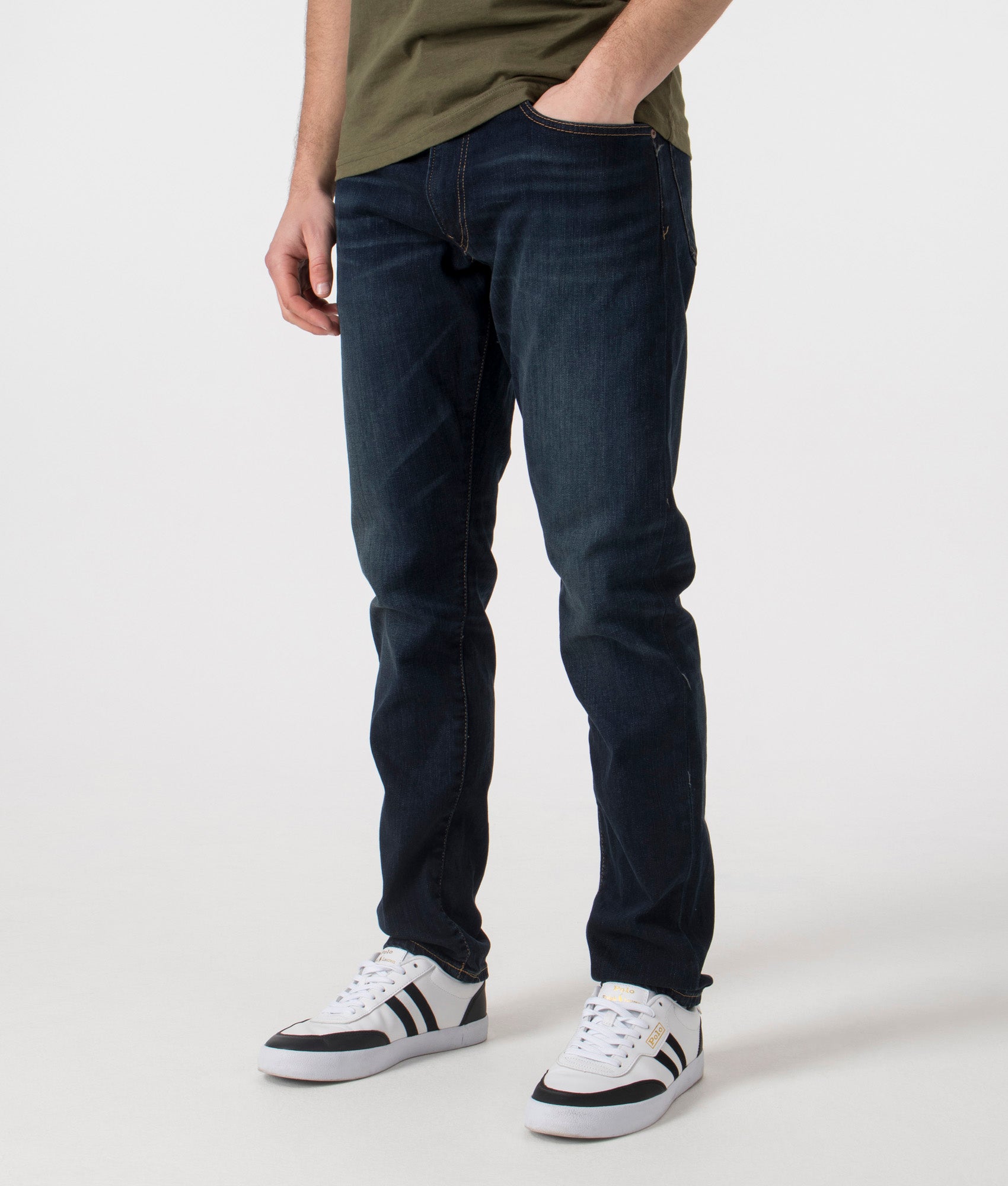 Polo Ralph Lauren Active Taper Jeans. Shot at EQVVS. Angle shot.