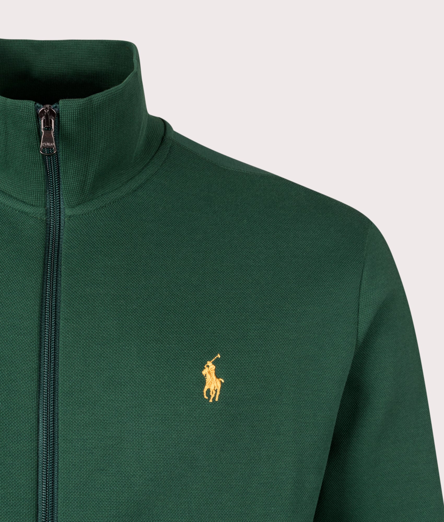Polo Ralph Lauren Zip Through Sweatshirt in Vintage Pine. Detail angle shot at EQVVS.