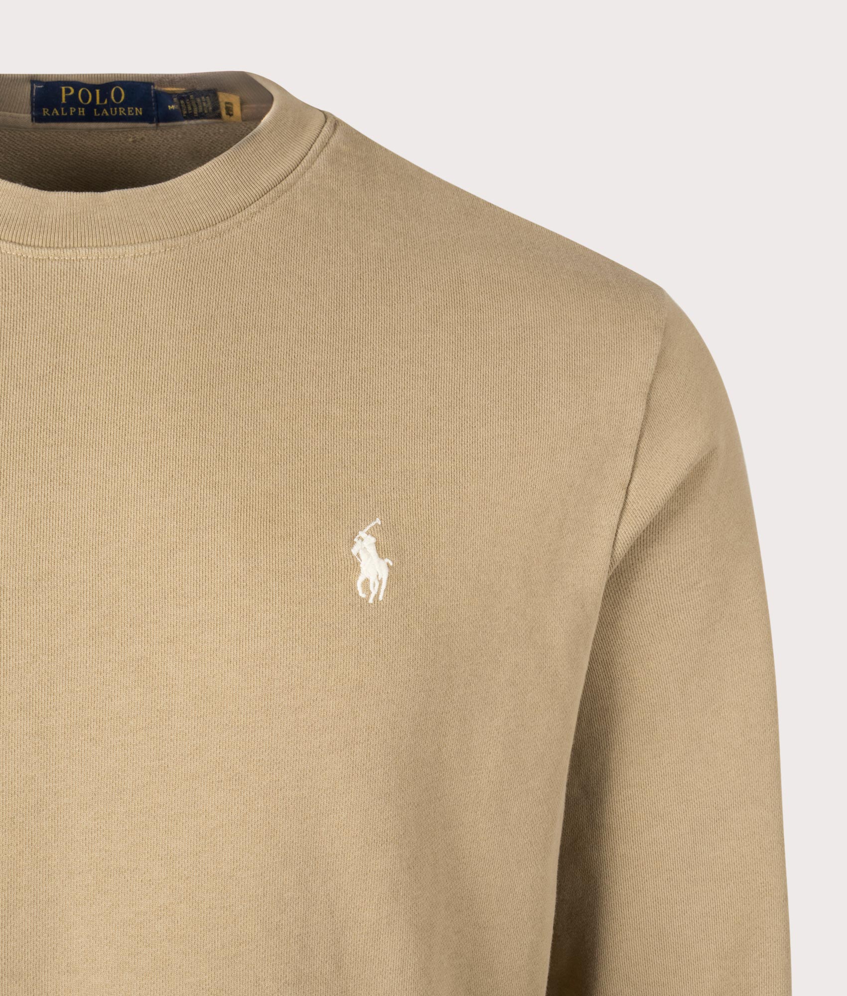 Loopback Sweatshirt in Desert Khaki by Polo Ralph Lauren. Shot at EQVVS. Detail image. 