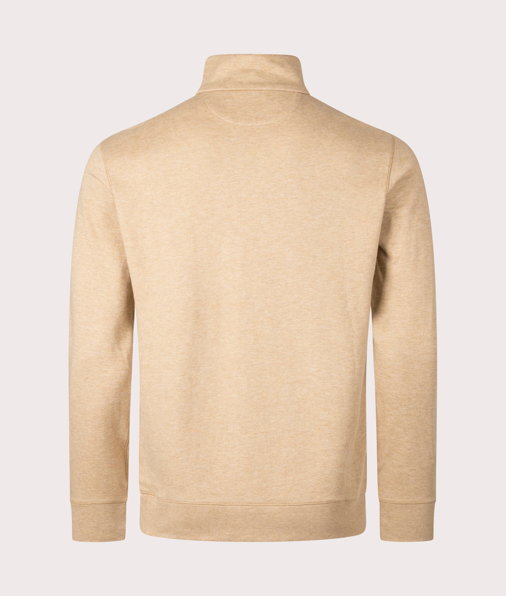 Polo Ralph Lauren Quarter Zip Sweatshirt in Classic Camel Heather. Back angle shot at EQVVS.