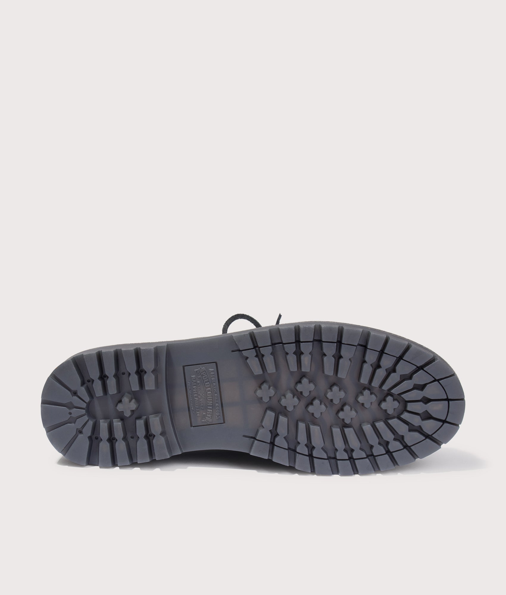 Polo Ralph Lauren Jett Lug-Sole Leather Moc-Toe Shoes in Black at EQVVS Menswear. Tread shot.