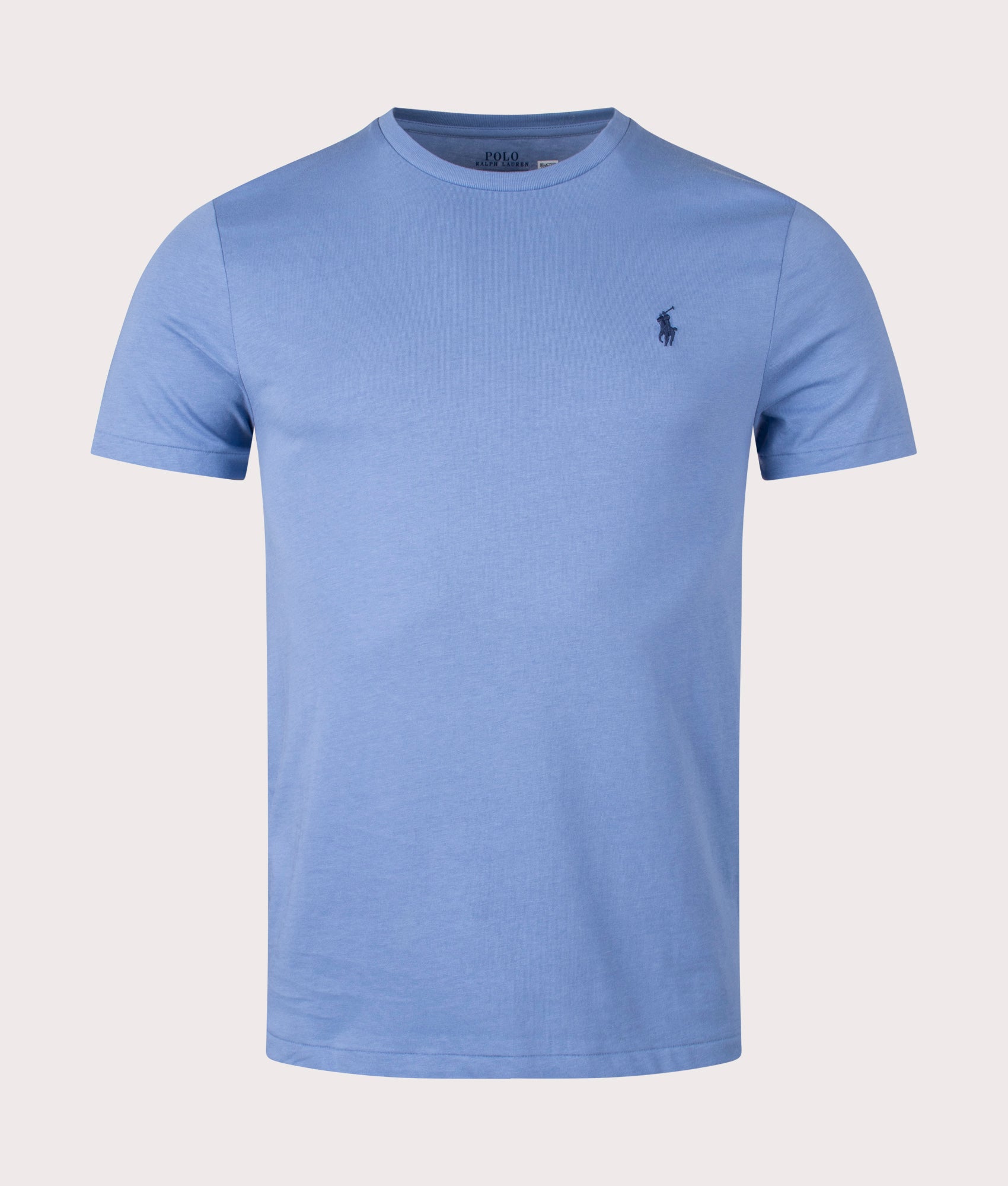 Polo Ralph Lauren Custom Slim Fit Jersey T-Shirt in Campus Blue. Front angle shot at EQVVS.