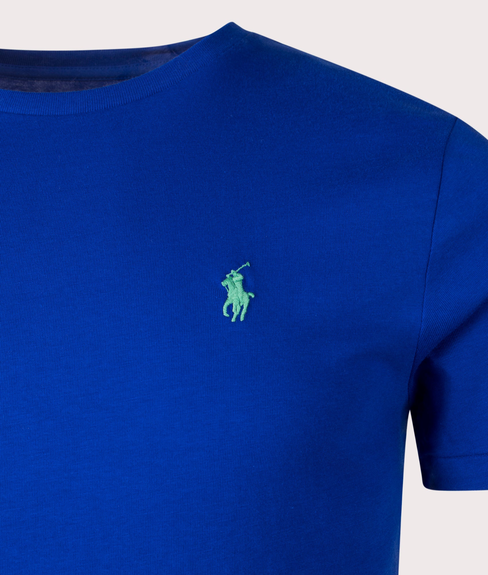 Polo Ralph Lauren Custom Slim Fit Jersey T-Shirt in Classic Azure Blue. Shot at EQVVS.  Detail shot. 