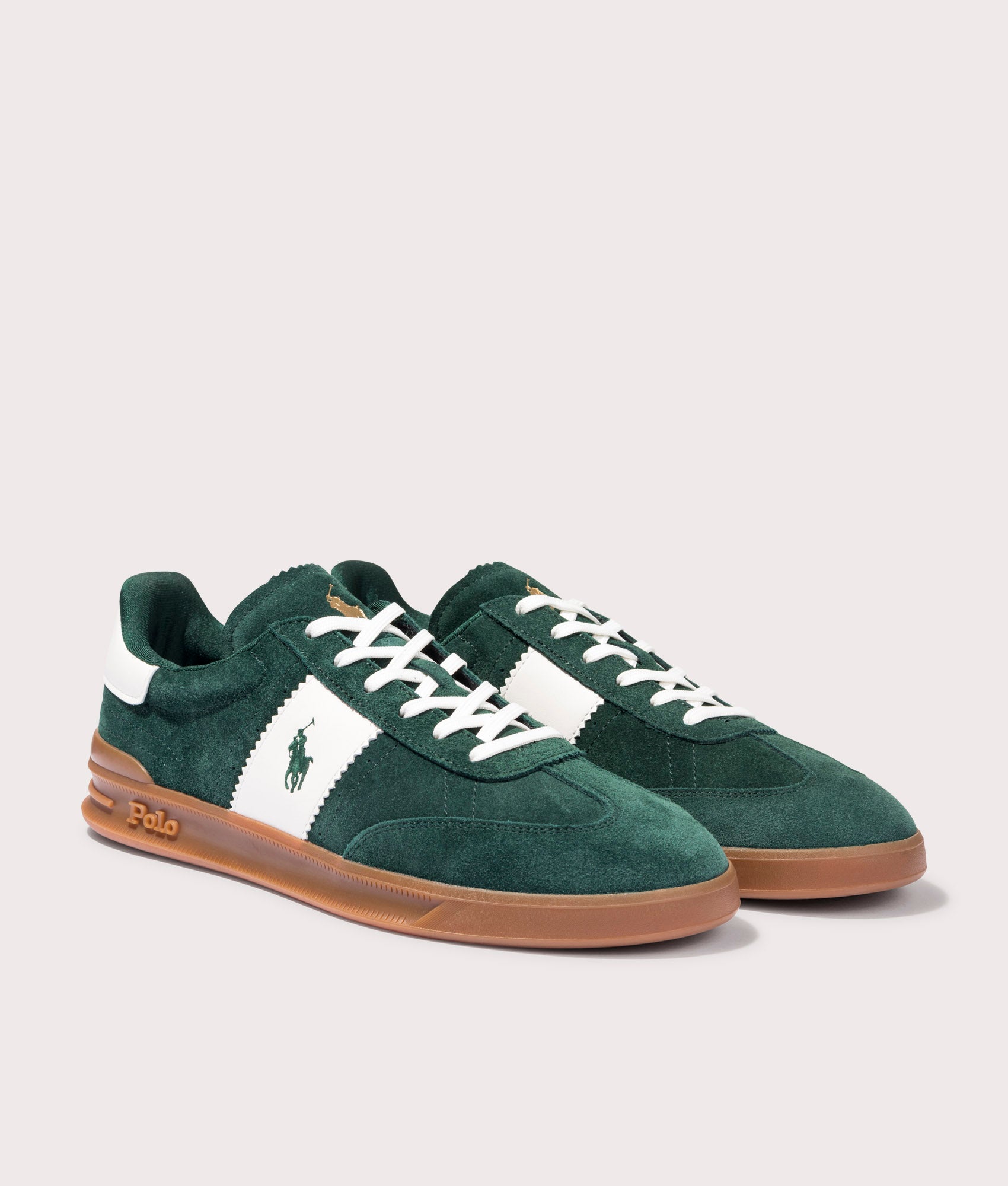 Heritage Aera Low Top Sneakers in Forest and Off White by Polo Ralph Lauren. EQVVS Menswear Side Pair Shot.