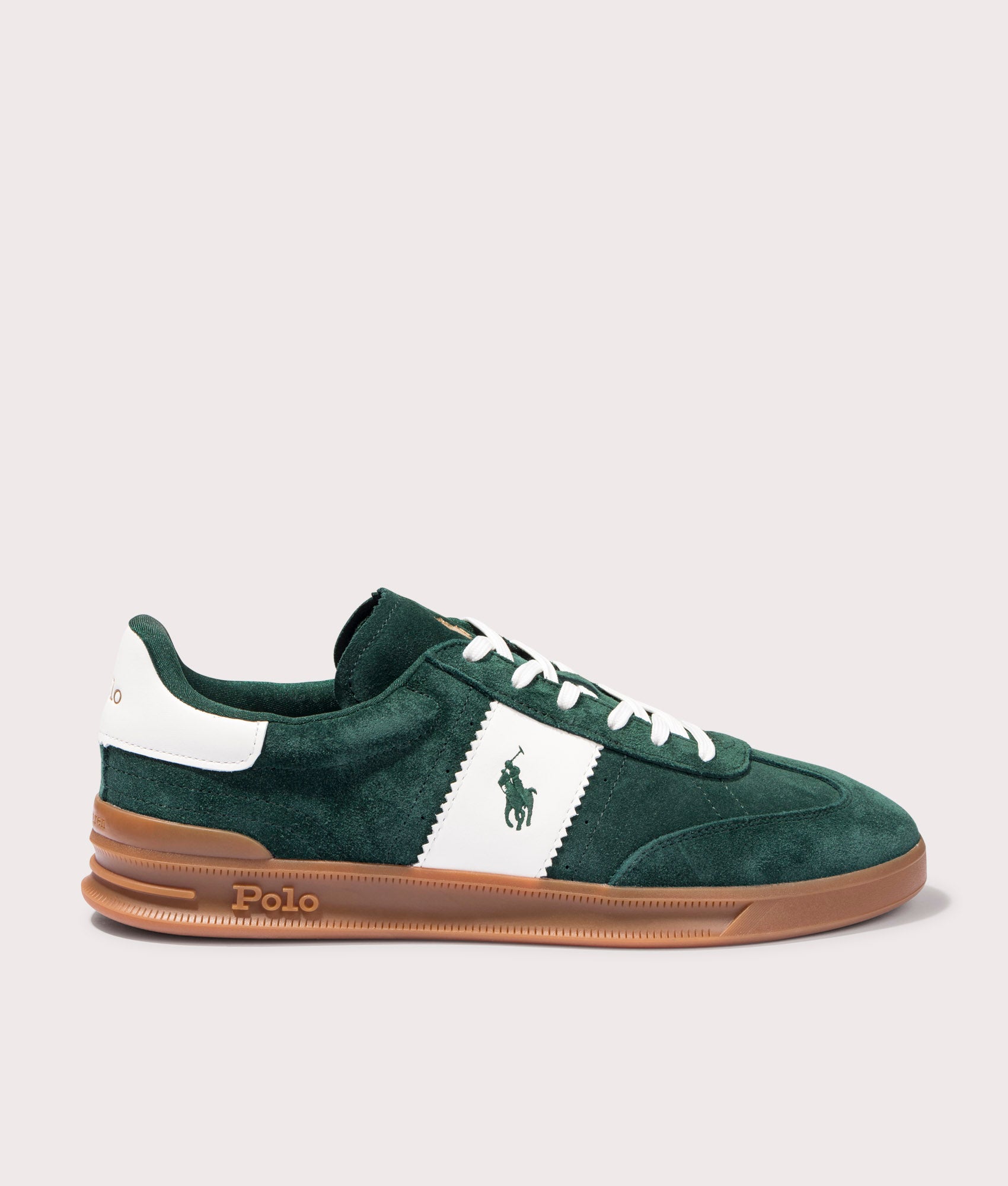 Heritage Aera Low Top Sneakers in Forest and Off White by Polo Ralph Lauren. EQVVS Menswear Side Shot.
