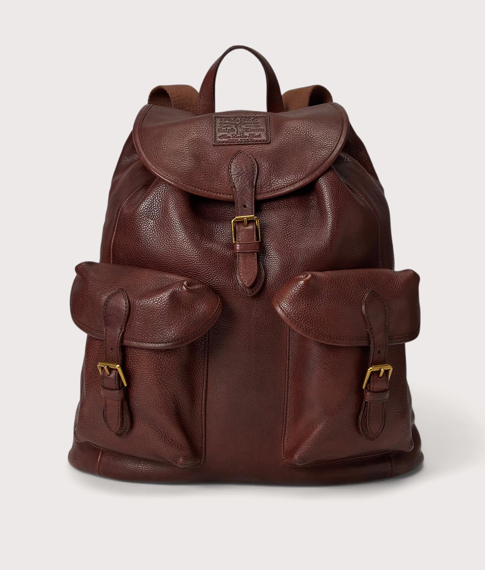 Polo Ralph Lauren Heritage Leather Backpack in British Tan at EQVVS Menswear. Front shot.