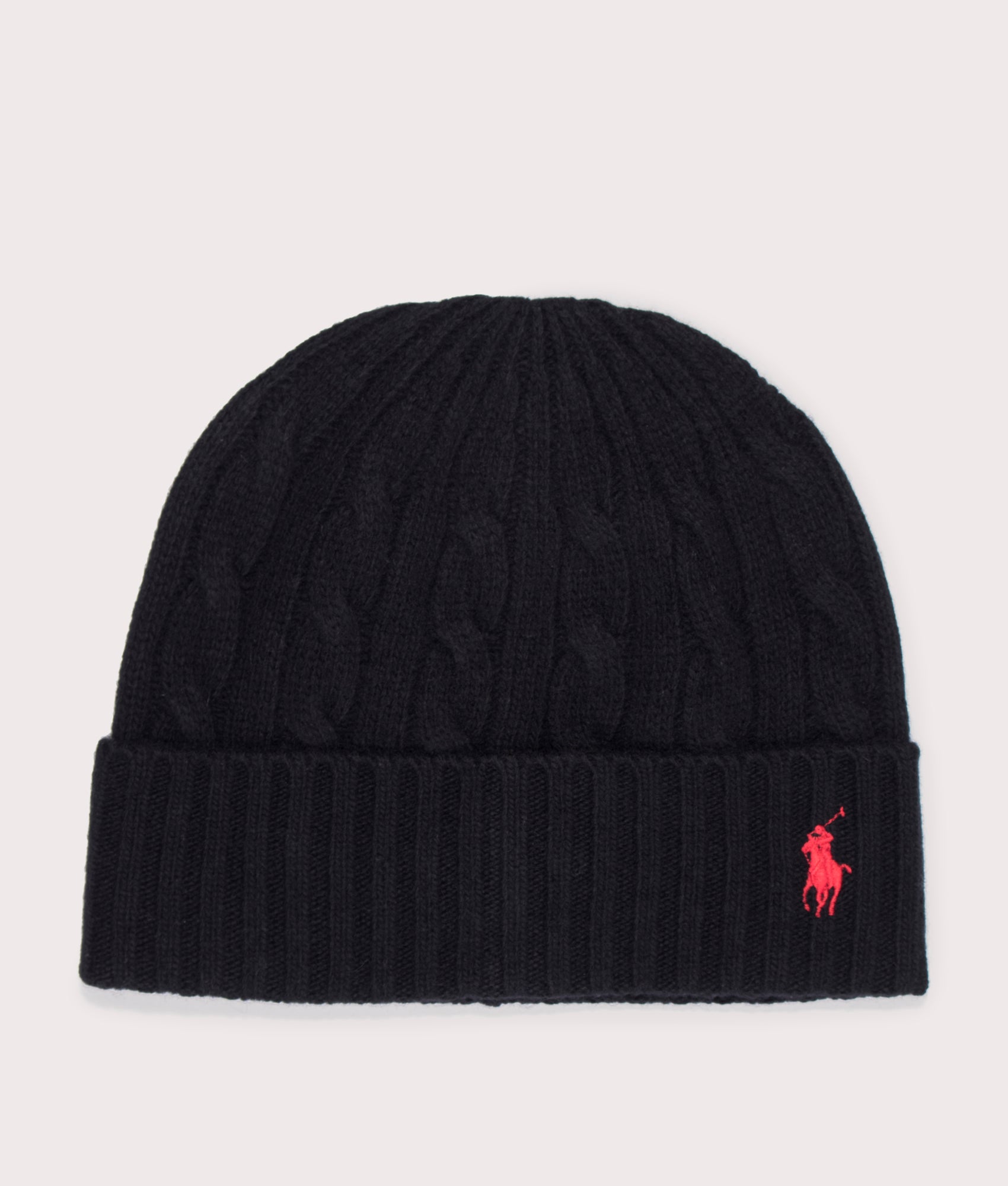 Cable Knit Merino Wool-Blend Beanie in Polo Black | Polo Ralph Lauren | EQVVS | Front shot 