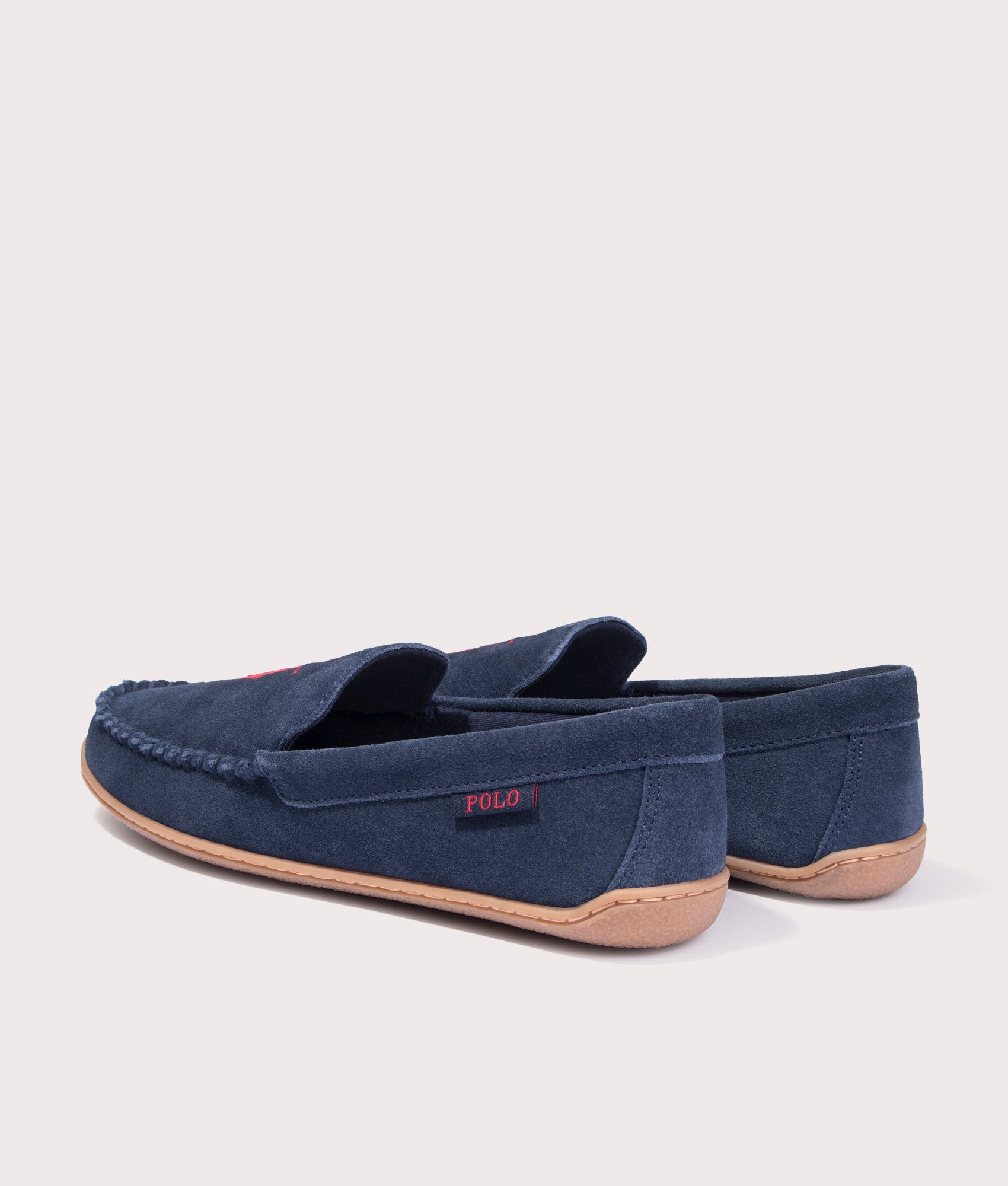 Polo Ralph Lauren Brenan Dress Shoe Slipper in 001 Navy Suede W/ Red PP. At EQVVS Menswear. Back left angle shot 
