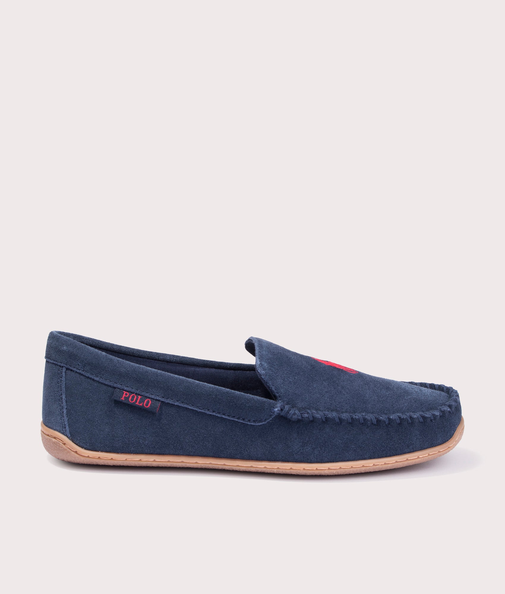 Polo Ralph Lauren Brenan Dress Shoe Slipper in 001 Navy Suede W/ Red PP. At EQVVS Menswear. Outside right side