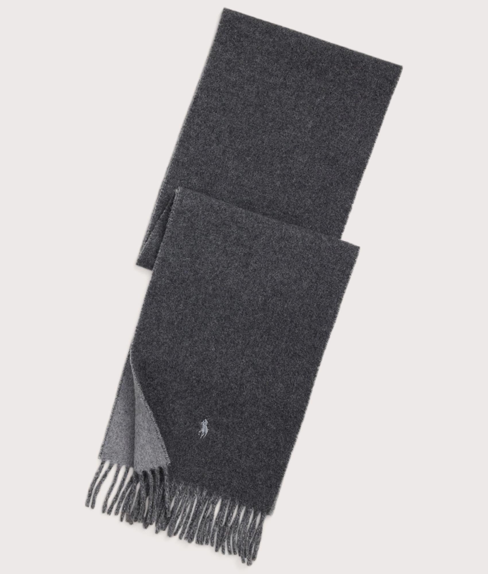 Polo Ralph Lauren Reversible Wool-blend Scarf in Dark Charcoal Heather at EQVVS Menswear. Front shot.