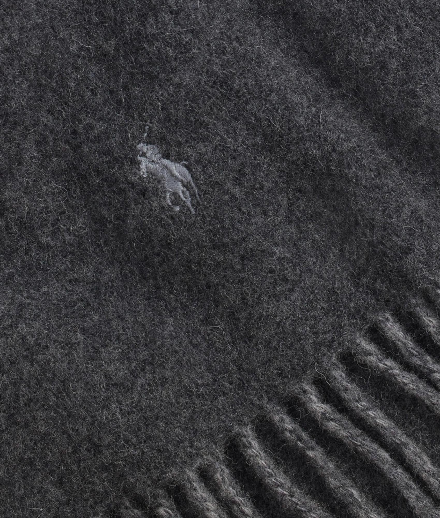 Polo Ralph Lauren Reversible Wool-blend Scarf, arriving this season in the Dark Charcoal Heather. Detail shot.