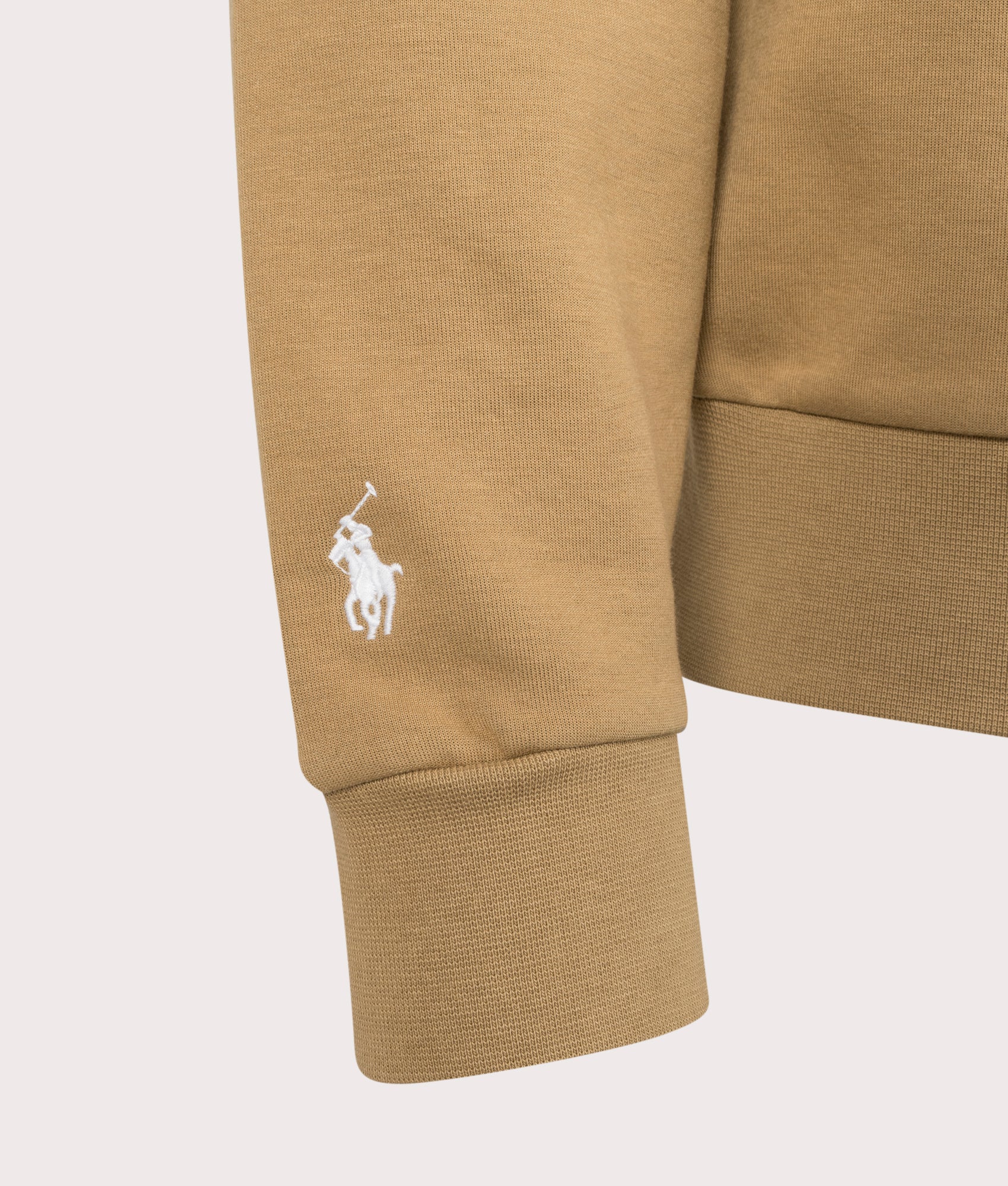 Polo Ralph Lauren Embroidered Logo Double Knit Sweatshirt in New Bronze. Detail angle shot at EQVVS.