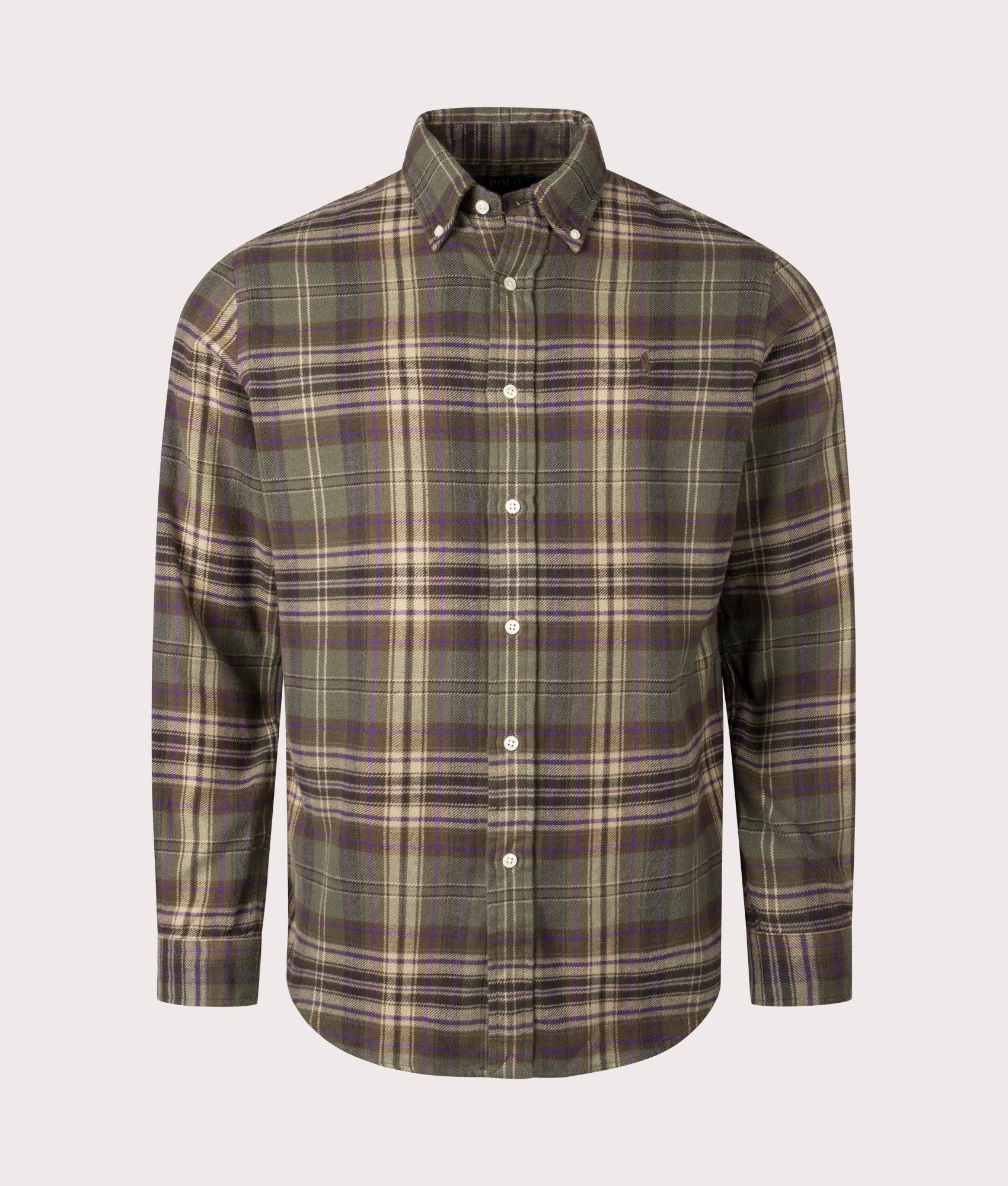 Polo Ralph Lauren Custom Fit Plaid Brushed Flannel Shirt in Olive/Brown Multi, 100% cotton at EQVVS. Front Shot. 