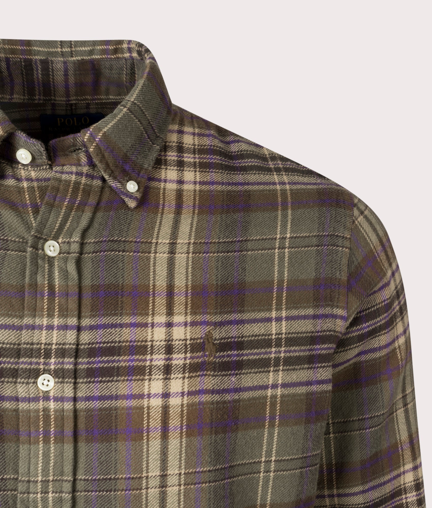 Polo Ralph Lauren Custom Fit Plaid Brushed Flannel Shirt in Olive/Brown Multi, 100% cotton at EQVVS. Detailed Logo Shot. 
