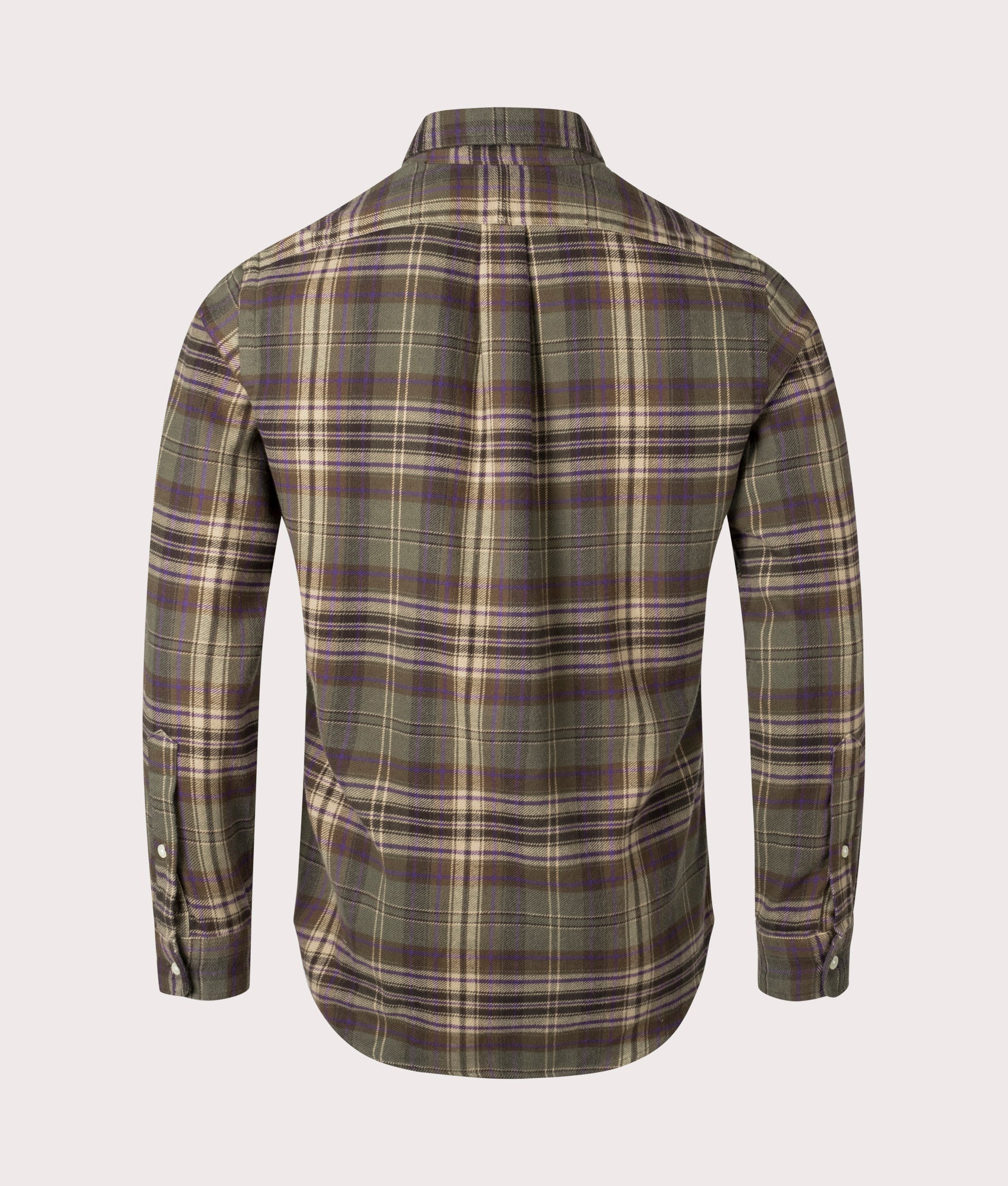 Polo Ralph Lauren Custom Fit Plaid Brushed Flannel Shirt in Olive/Brown Multi, 100% cotton at EQVVS. Back Shot. 