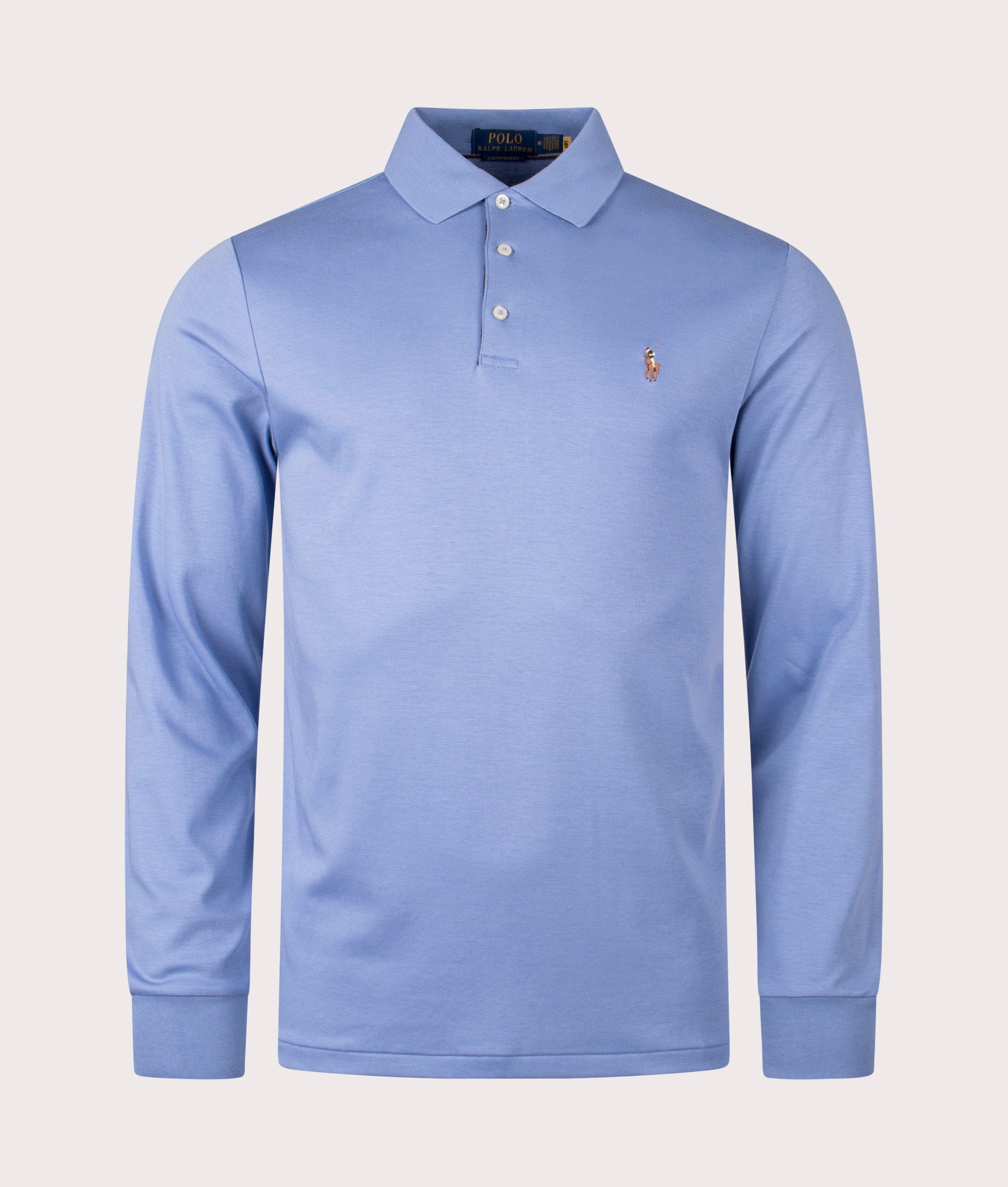 Polo Ralph Lauren Custom Slim Fit Long Sleeve Soft Cotton Polo Shirt in Campus Blue. Front angle shot at EQVVS.