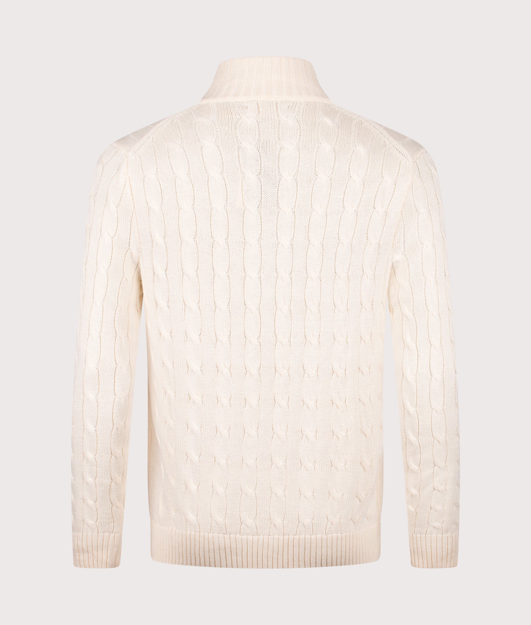 Polo Ralph Lauren Cable-Knit Cotton Full-Zip Cardigan in Andover Cream at EQVVS Menswear. Back shot.
