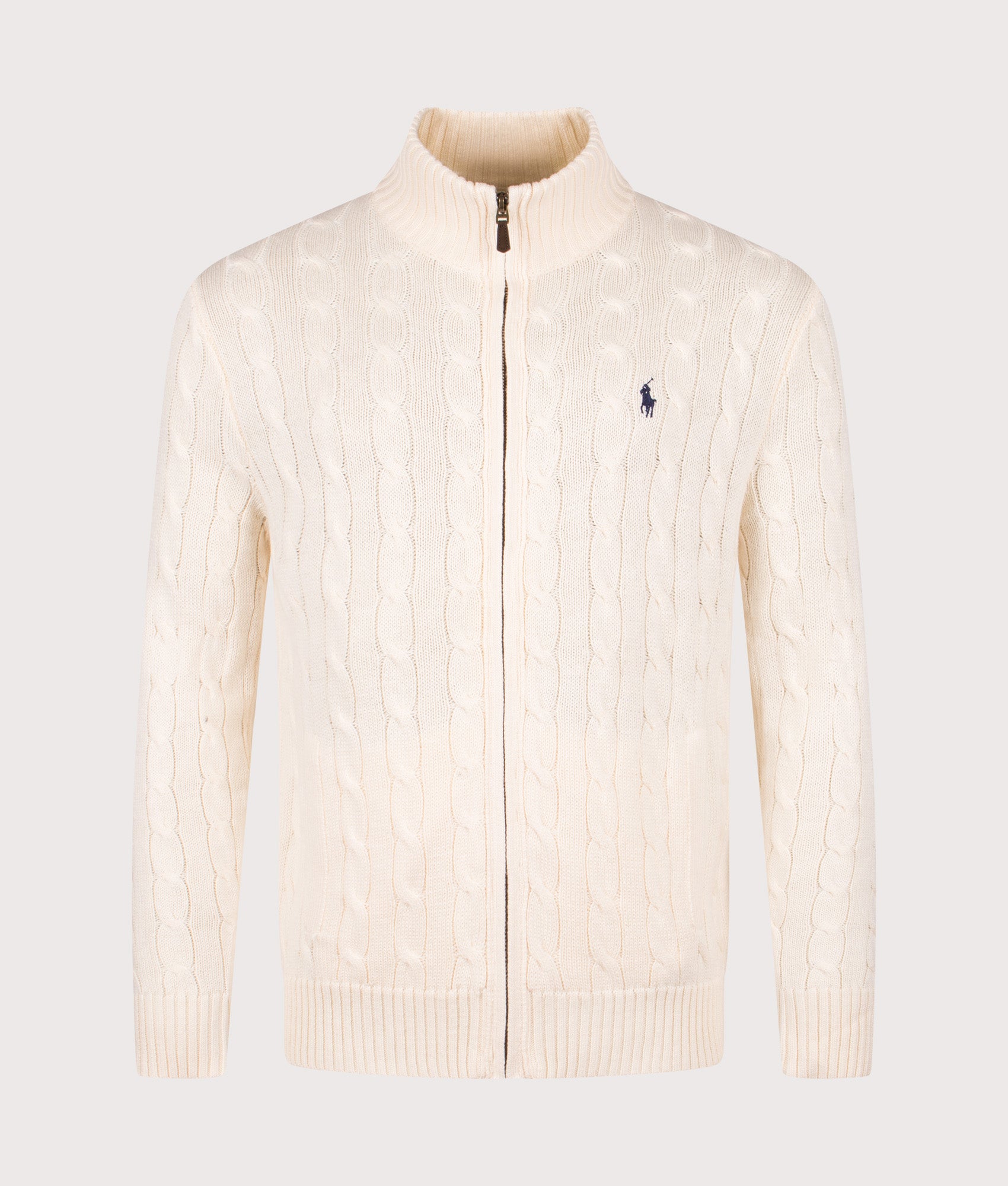 Polo Ralph Lauren Cable-Knit Cotton Full-Zip Cardigan in Andover Cream at EQVVS Menswear. Front shot.