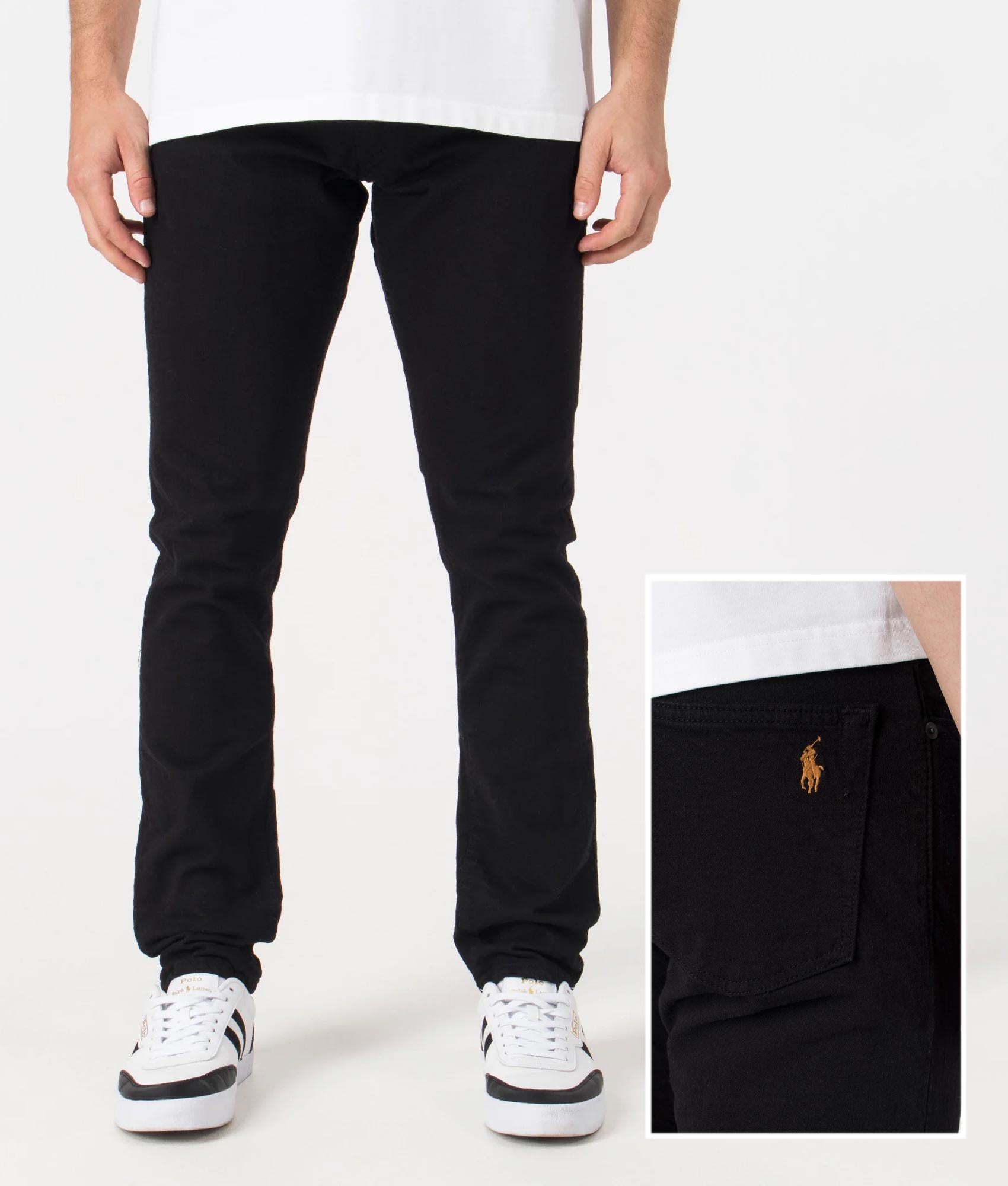 Polo Ralph Lauren Slim Fit Sullivan Stretch Jeans in HDN Black at EQVVS Menswear. Front and detail shot. 