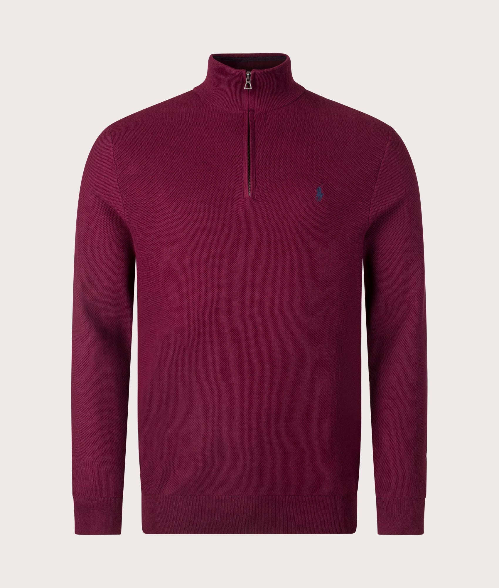 Quarter Zip Contrast Logo Knit Jumper in Damson Red from Polo Ralph Lauren. Front angle shot at EQVVS.