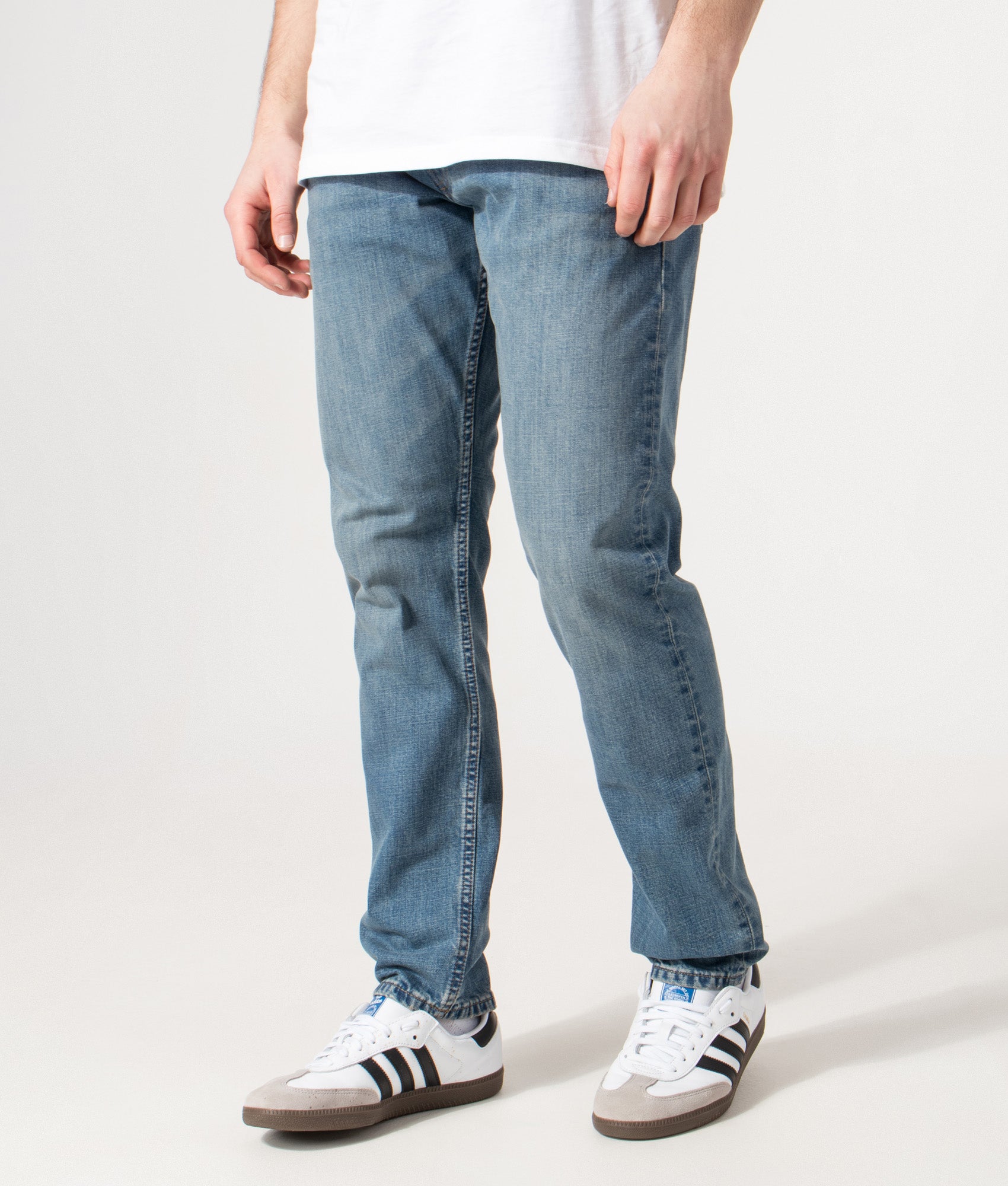 Polo Ralph Lauren Parkside Tapered Jeans in Dixon Stretch blue at EQVVS Menswear. Model angled front shot.
