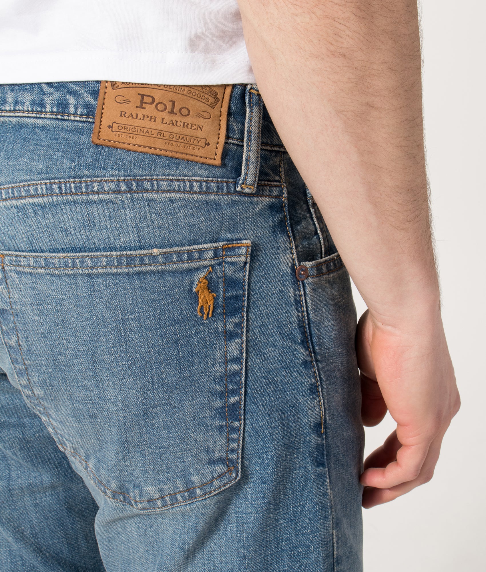 Polo Ralph Lauren Parkside Tapered Jeans in Dixon Stretch blue at EQVVS Menswear. Detail shot.