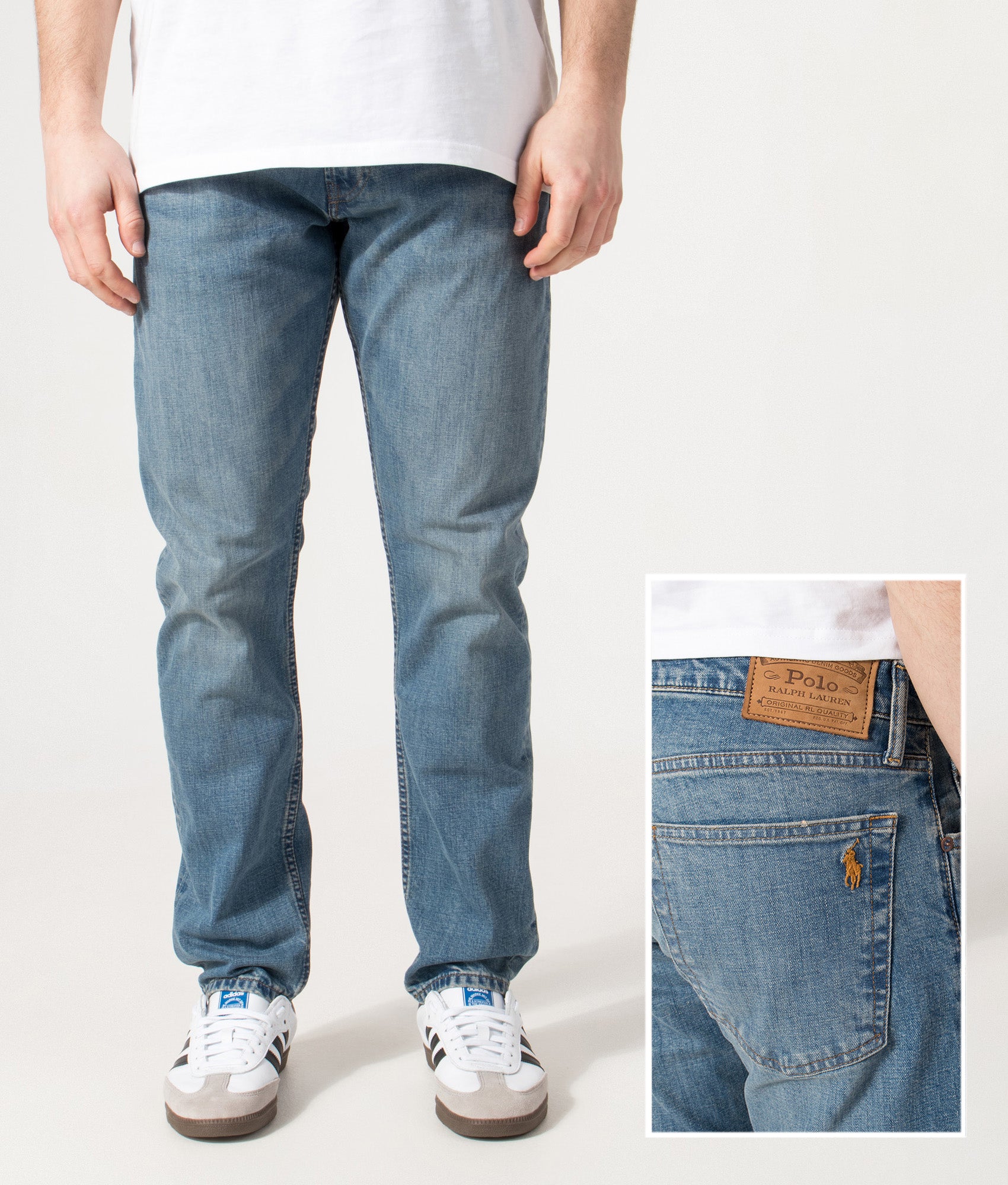 Polo Ralph Lauren Parkside Tapered Jeans in Dixon Stretch blue at EQVVS Menswear. Front and back detail shot.